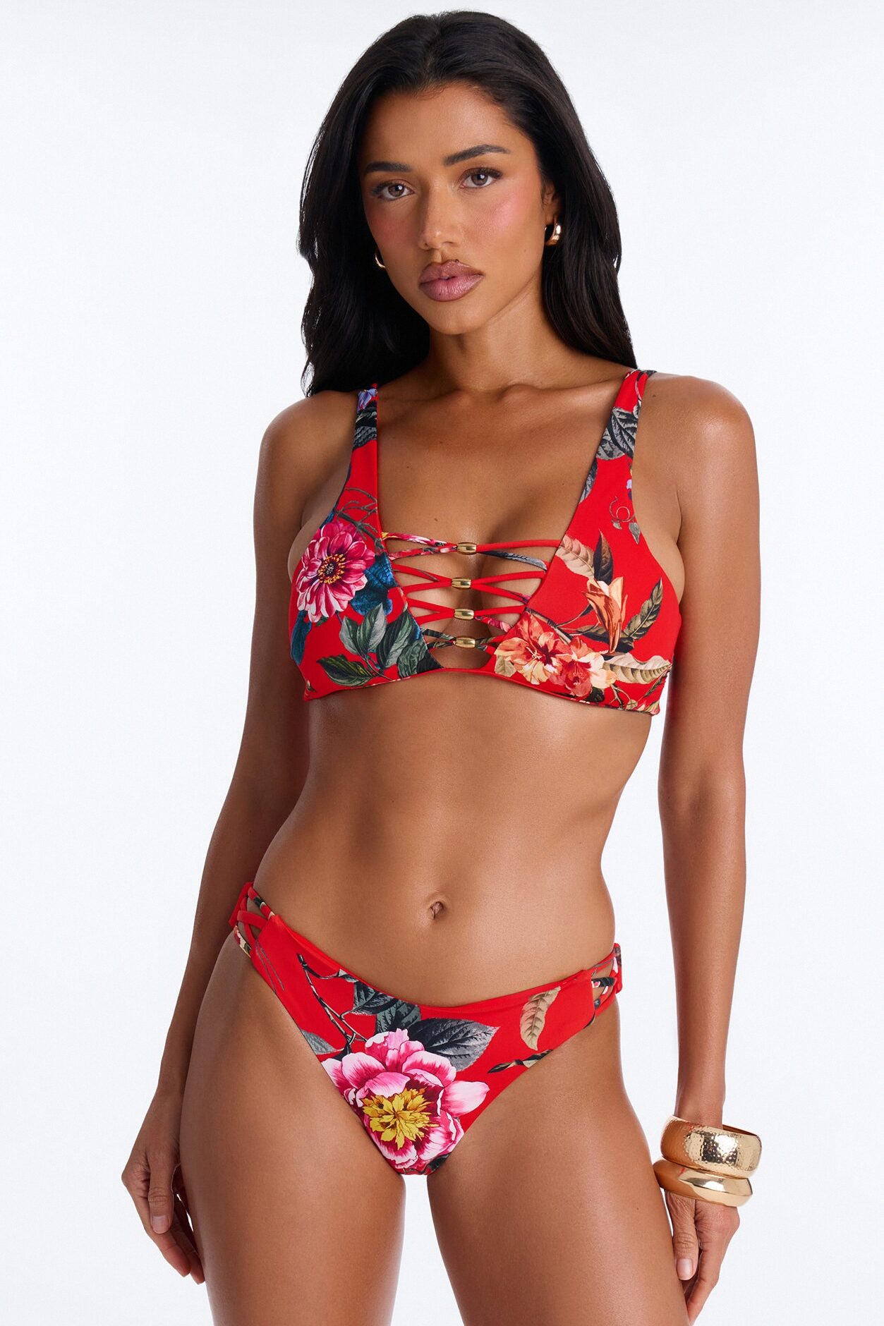 Ocean Rendezvous 2 Piece Floral Bralette Bikini Set - Red/combo
