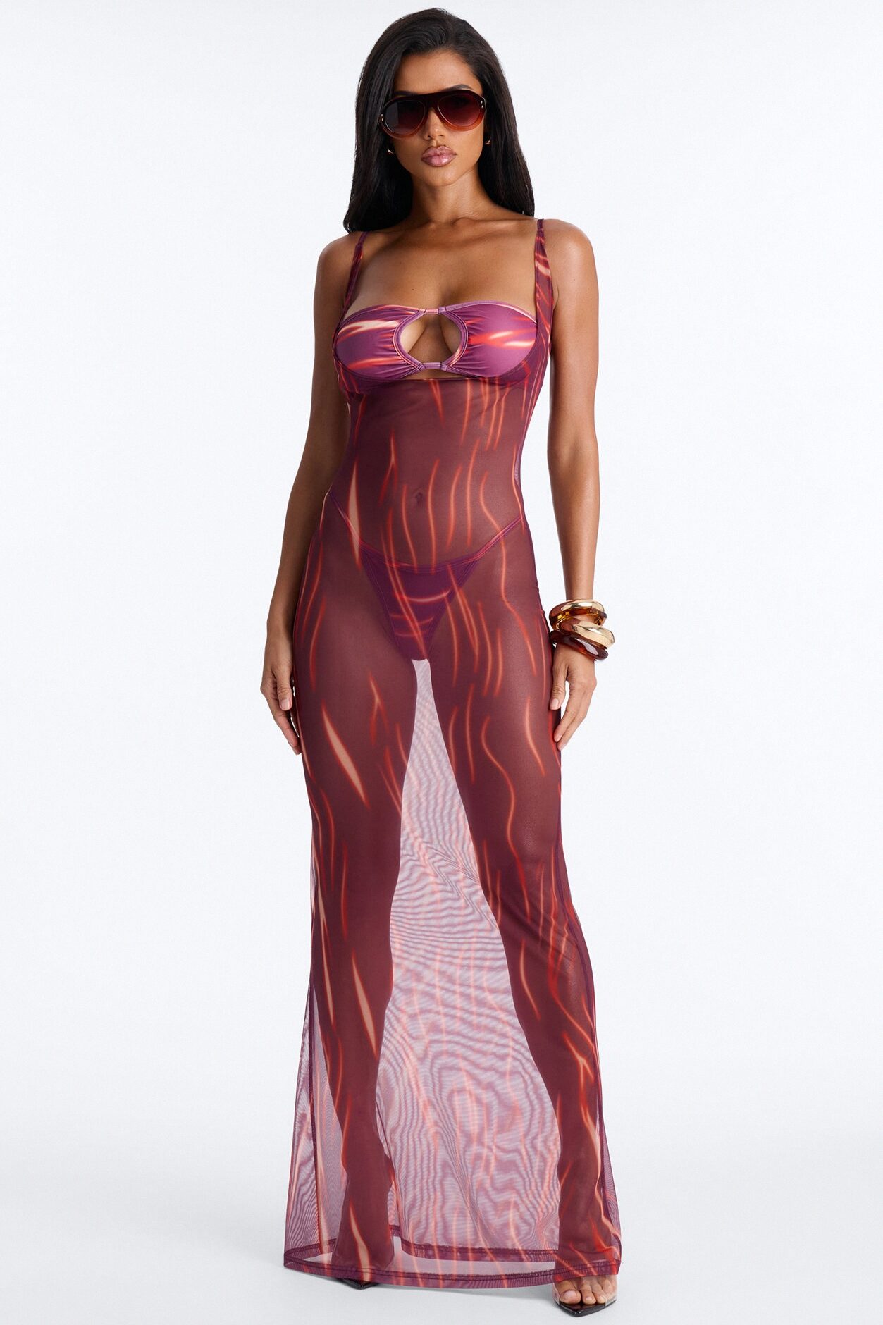 Soul On Fire 3 Piece Bandeau Bikini & Cover Up Plunge Maxi Dress - Red/combo