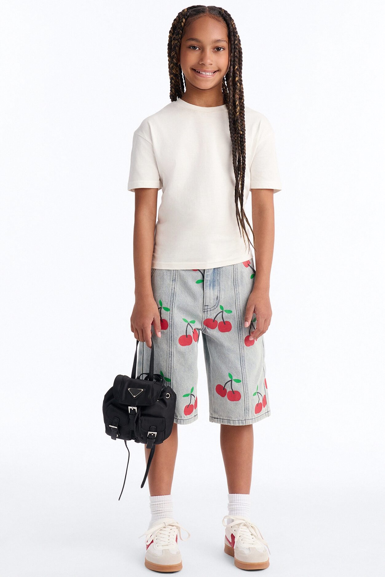Mini Cherry On Top Printed Denim Jorts - Light Wash