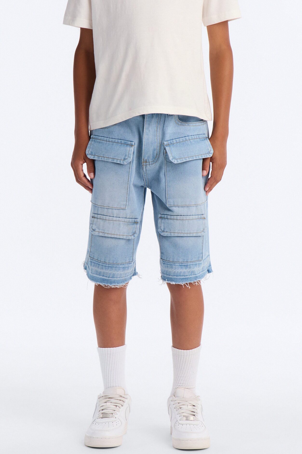 Mini Keep It Simple Cargo Denim Shorts - Ice Blue