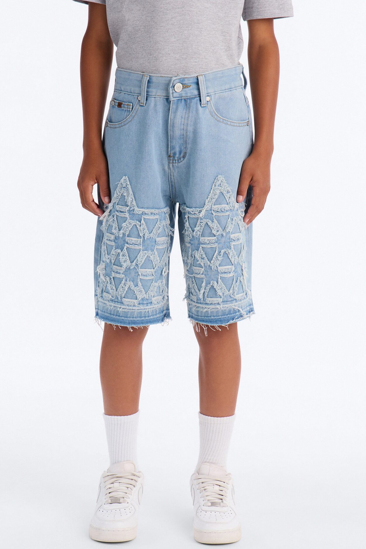 Mini Never Give Up Frayed Denim Shorts - Light Blue