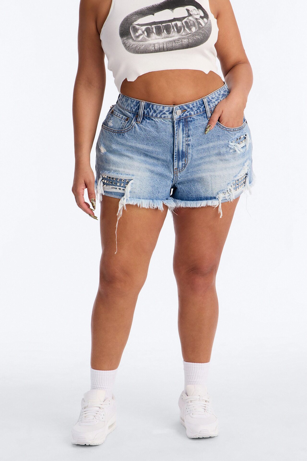 Music Hall Stud Embellished Ripped Denim Shorts - Light Wash