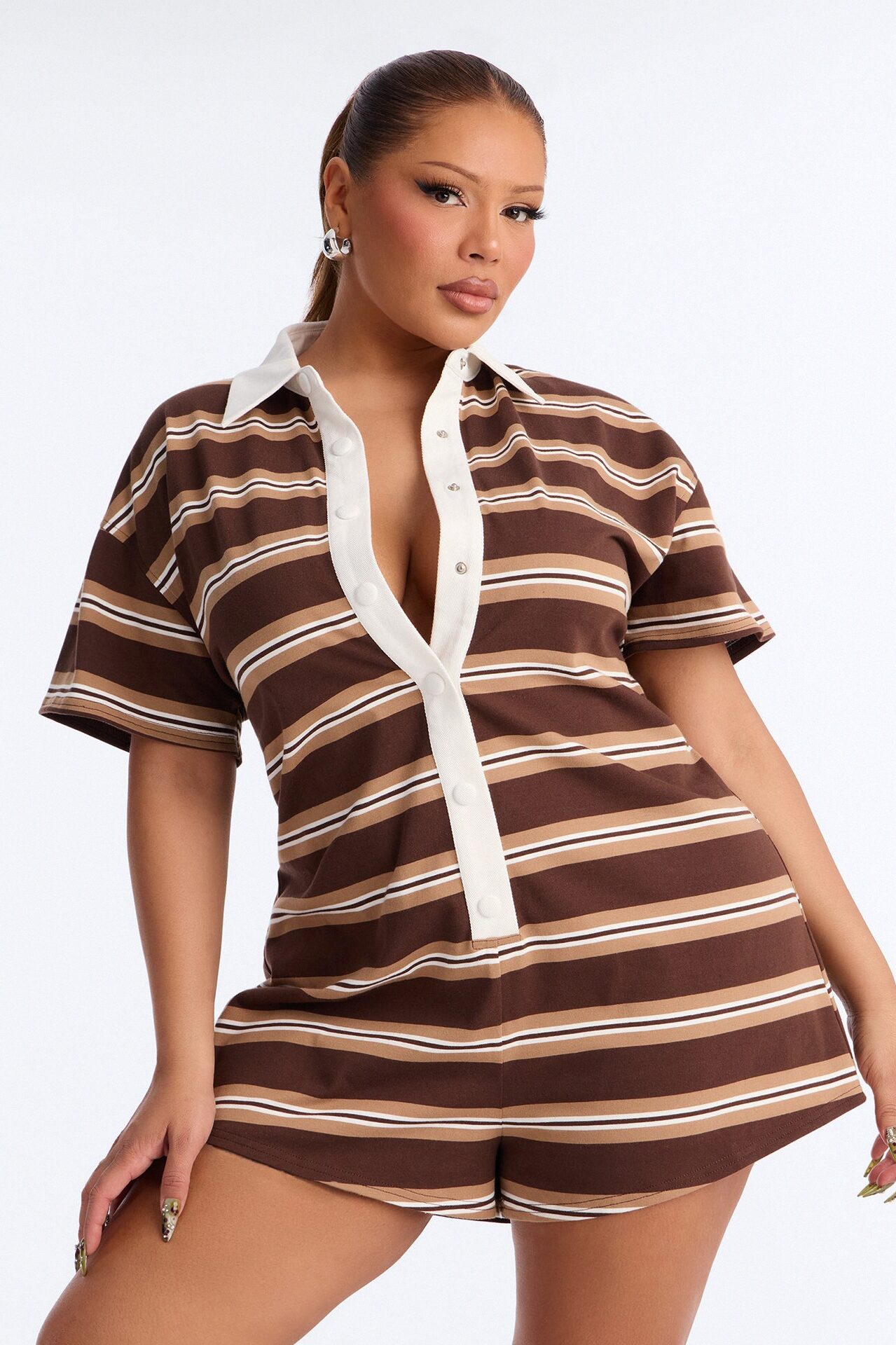 Kyla Short Sleeve Striped Polo Romper - Brown
