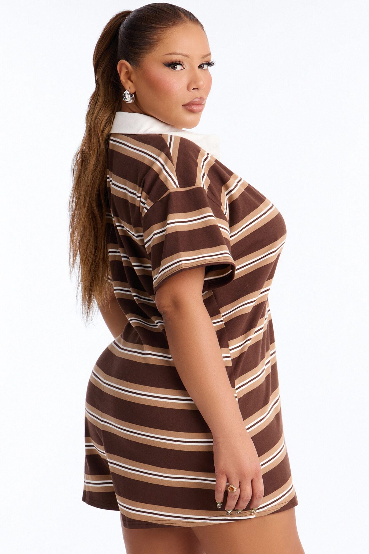 Kyla Short Sleeve Striped Polo Romper - Brown