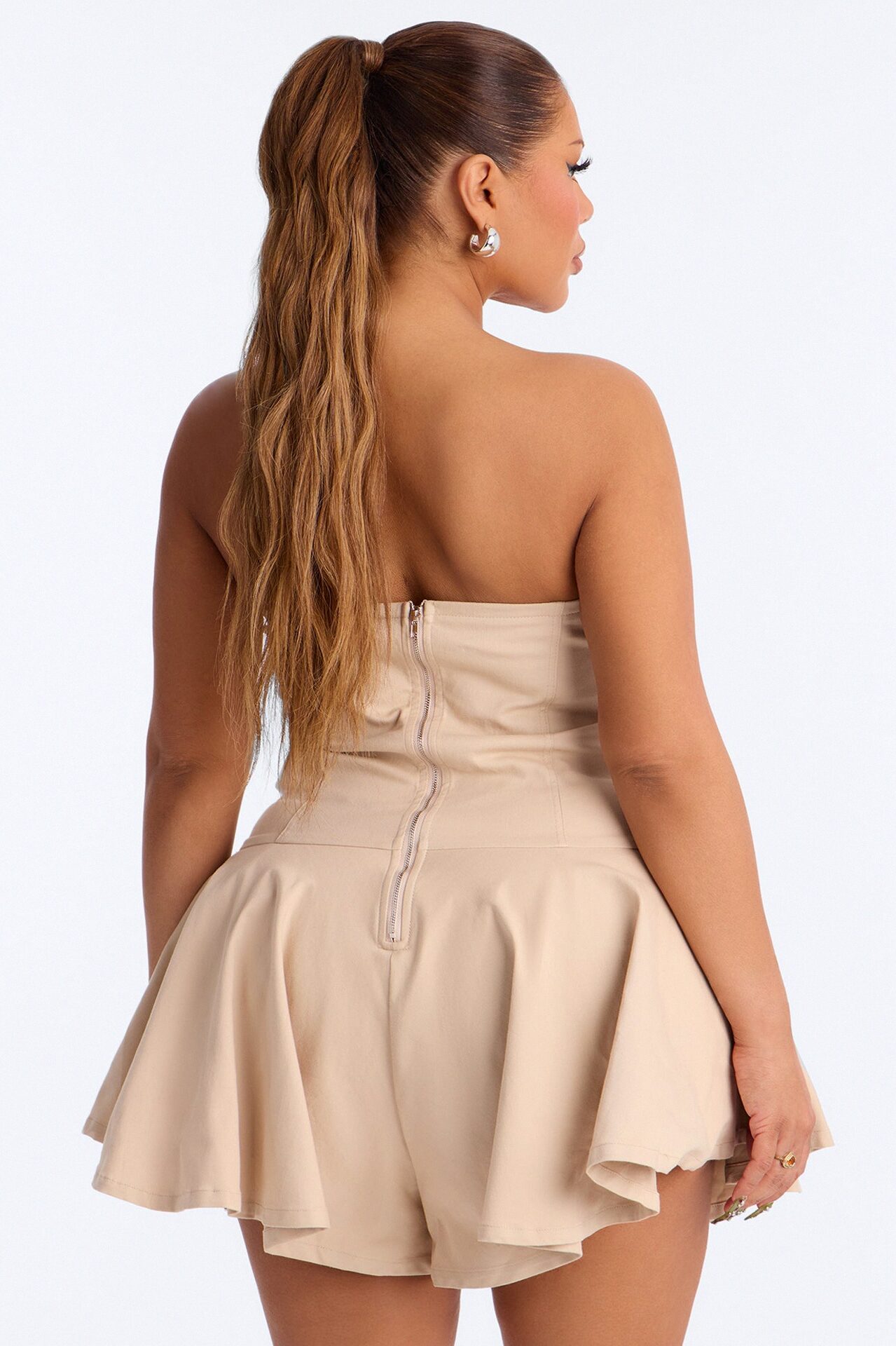 Shana Twill Strapless Ruffle Romper - Taupe