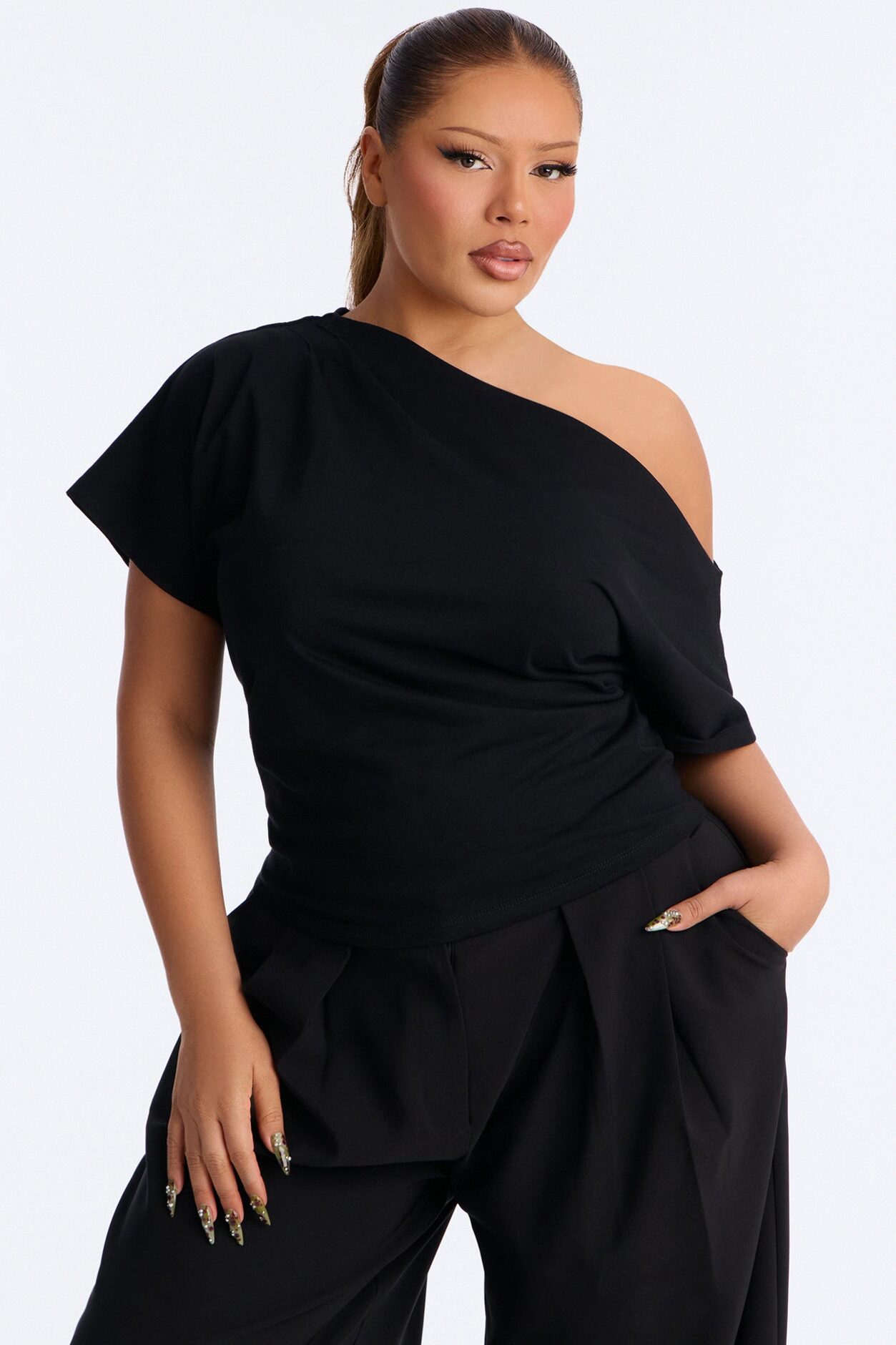 City Lounge Off Shoulder Short Sleeve T-Shirt - Black