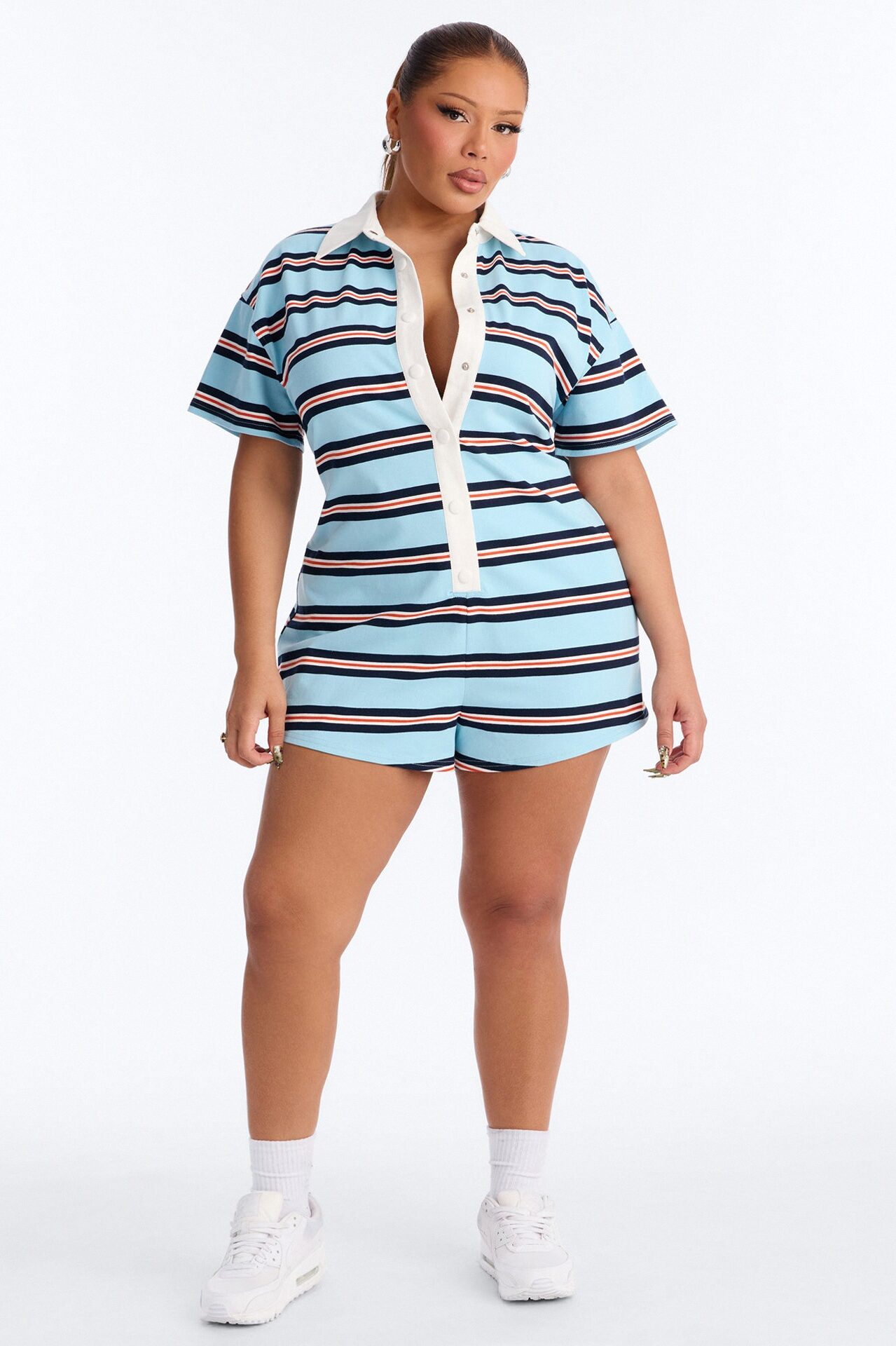 Kyla Short Sleeve Striped Polo Romper - Blue