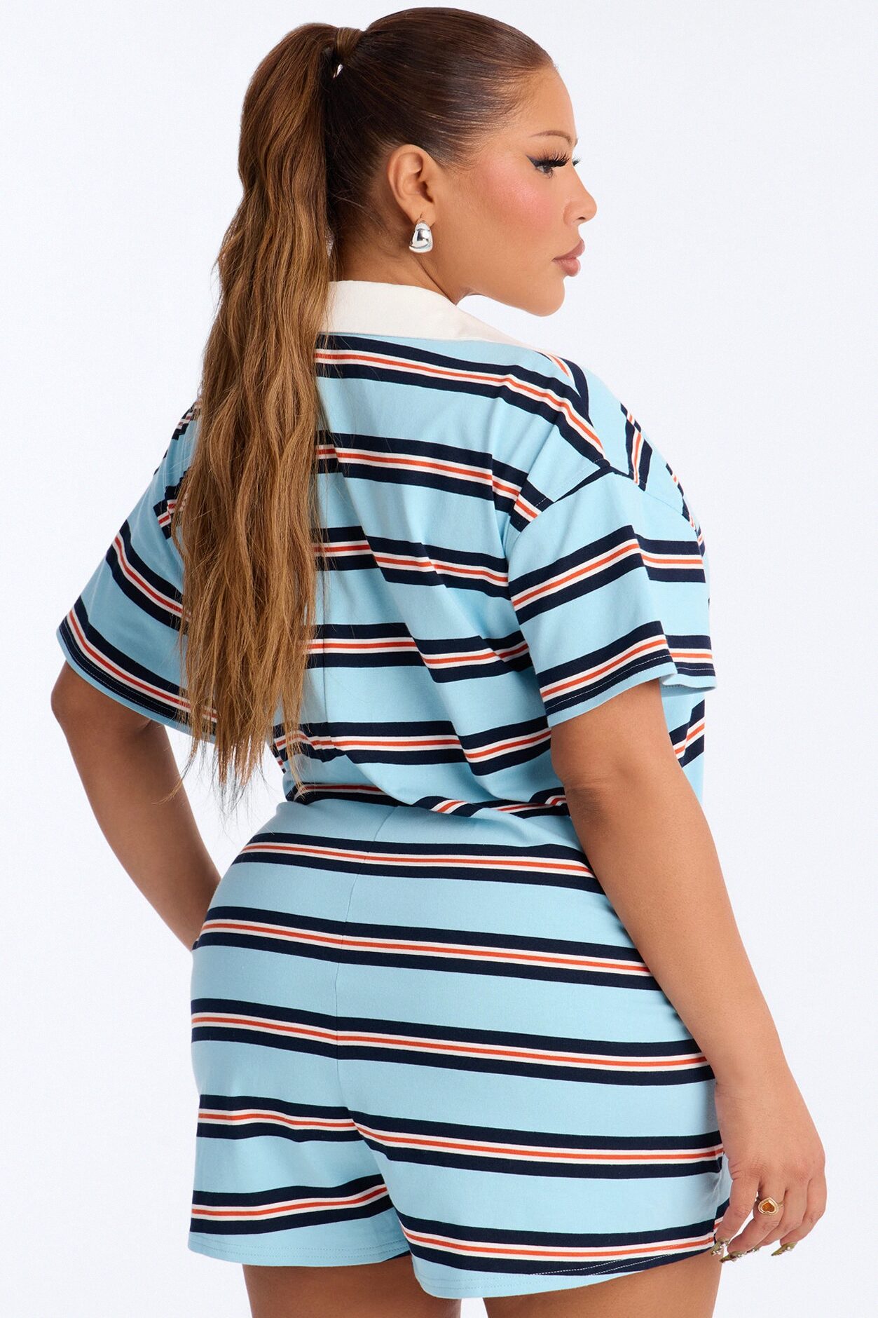 Kyla Short Sleeve Striped Polo Romper - Blue