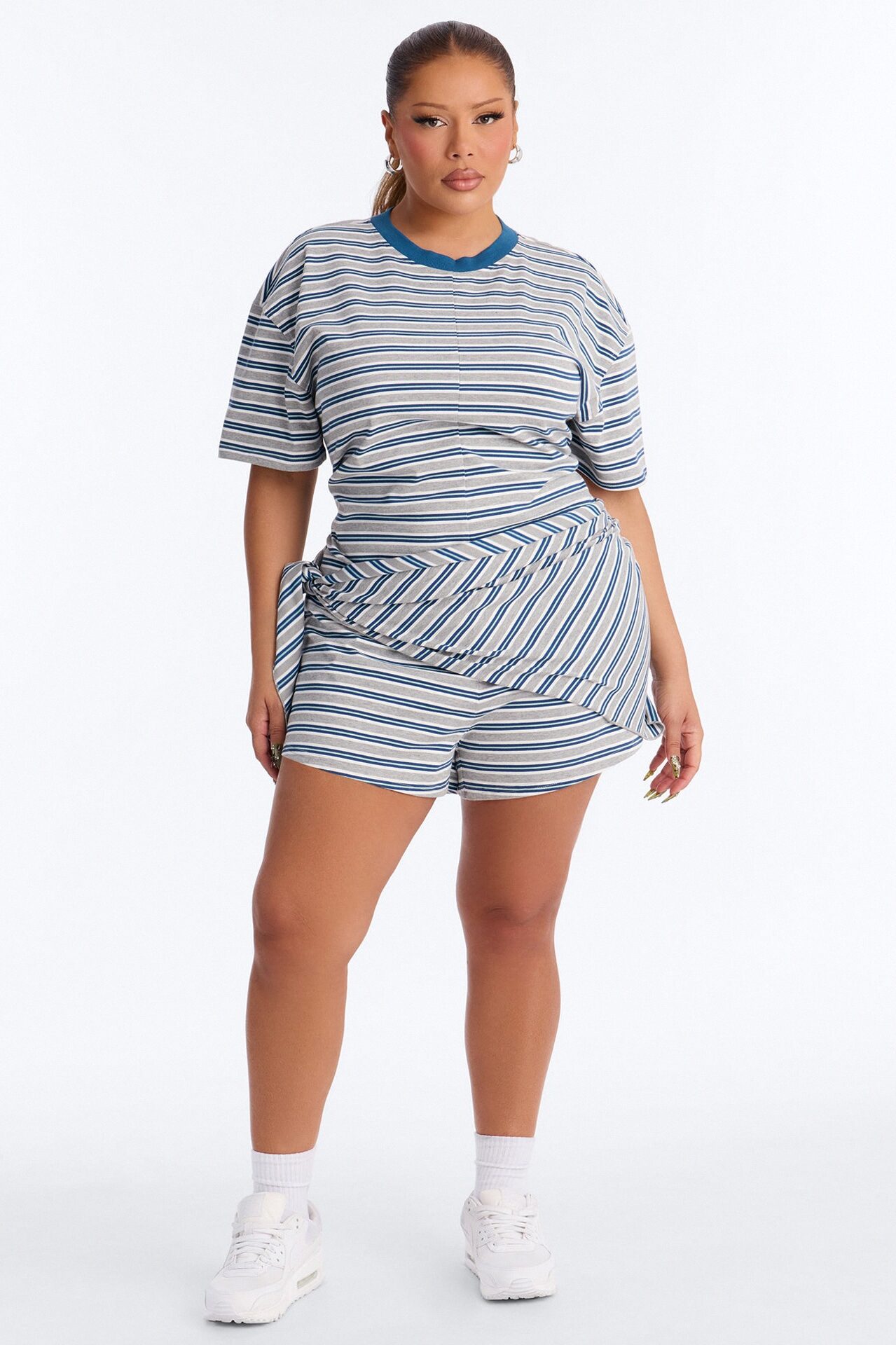 Halle Striped Waist Scarf Romper - Grey