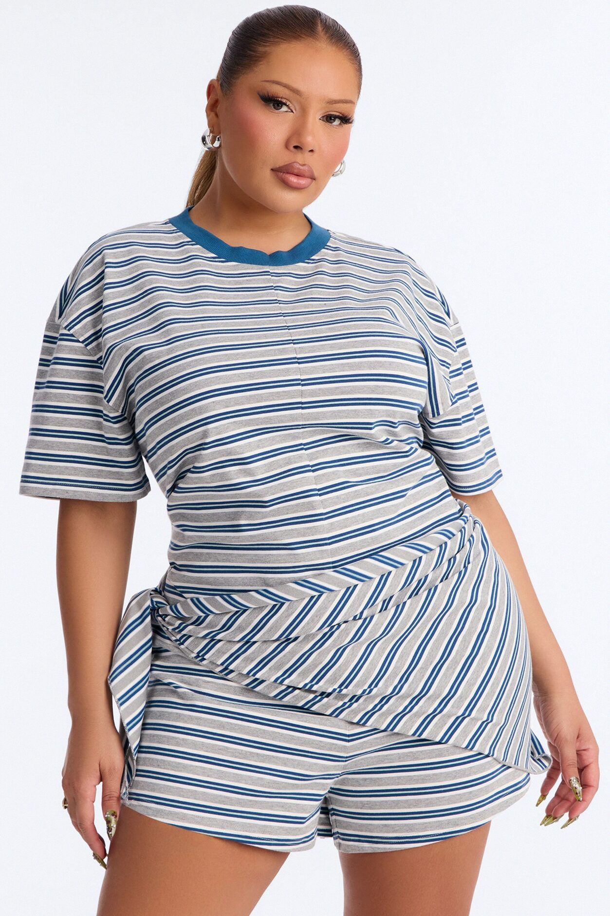 Halle Striped Waist Scarf Romper - Grey