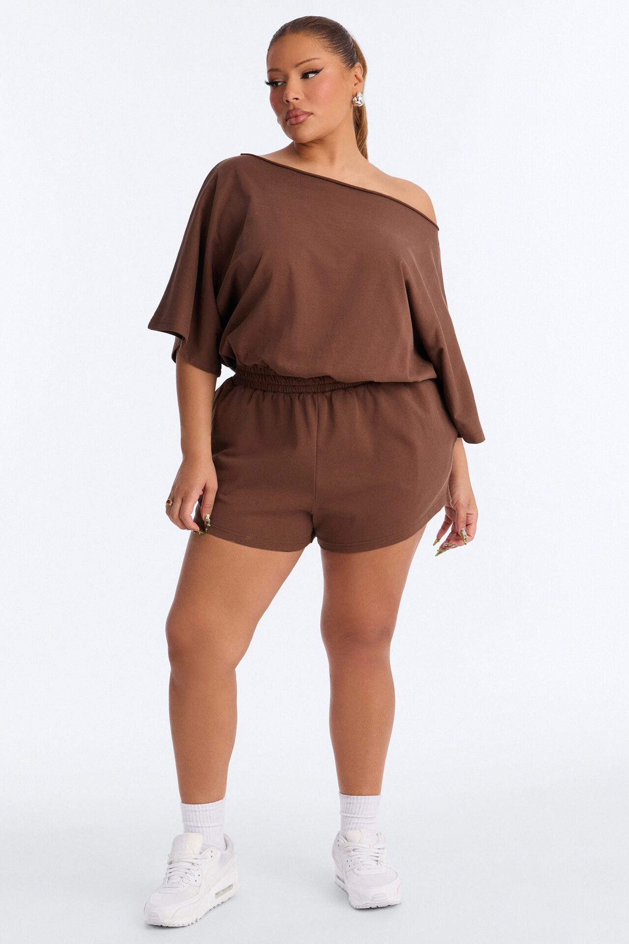 Sunday Dream Cotton Off Shoulder Romper - Chocolate