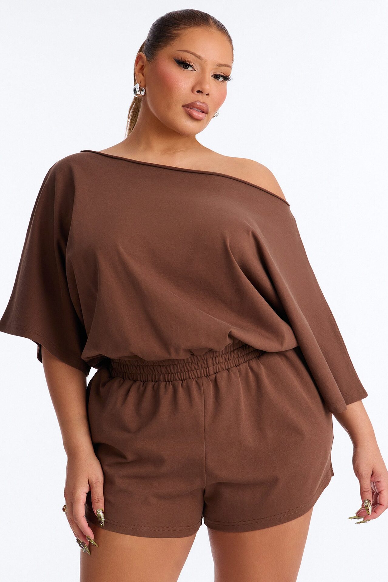 Sunday Dream Cotton Off Shoulder Romper - Chocolate