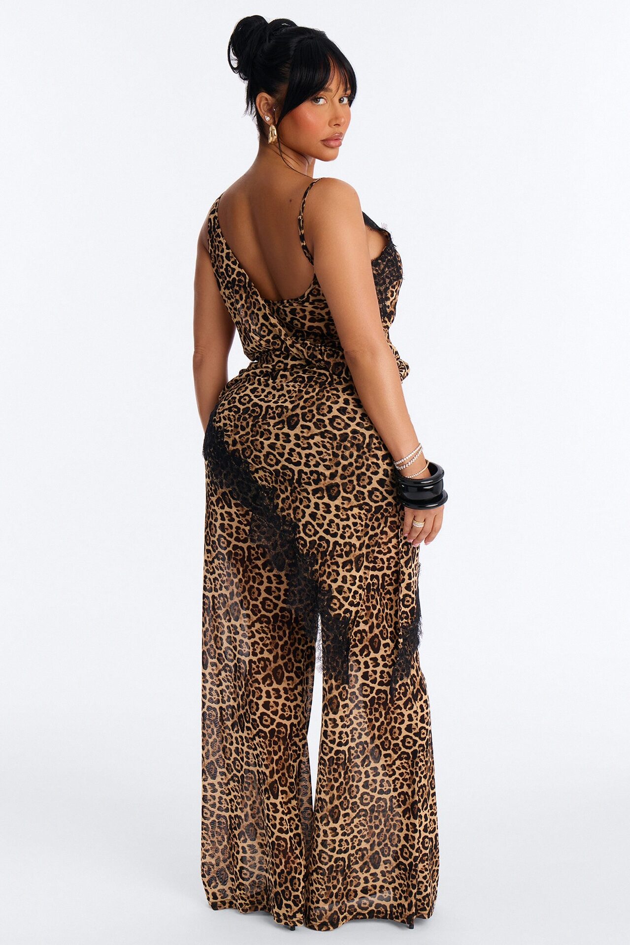 Jules Leopard Lace Mesh Pant Set - Brown/combo