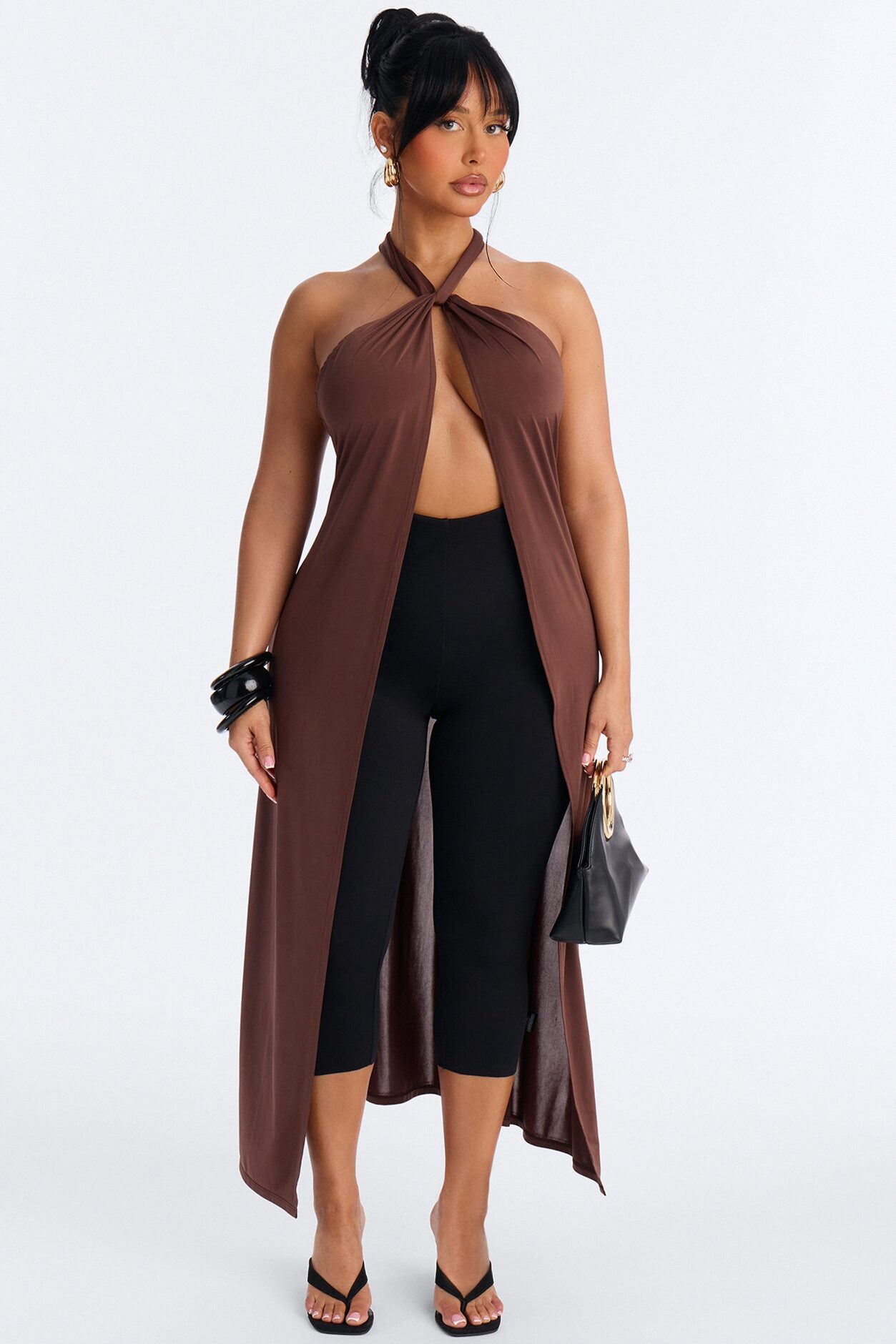 Luna Long Flyaway Low Back Top - Brown