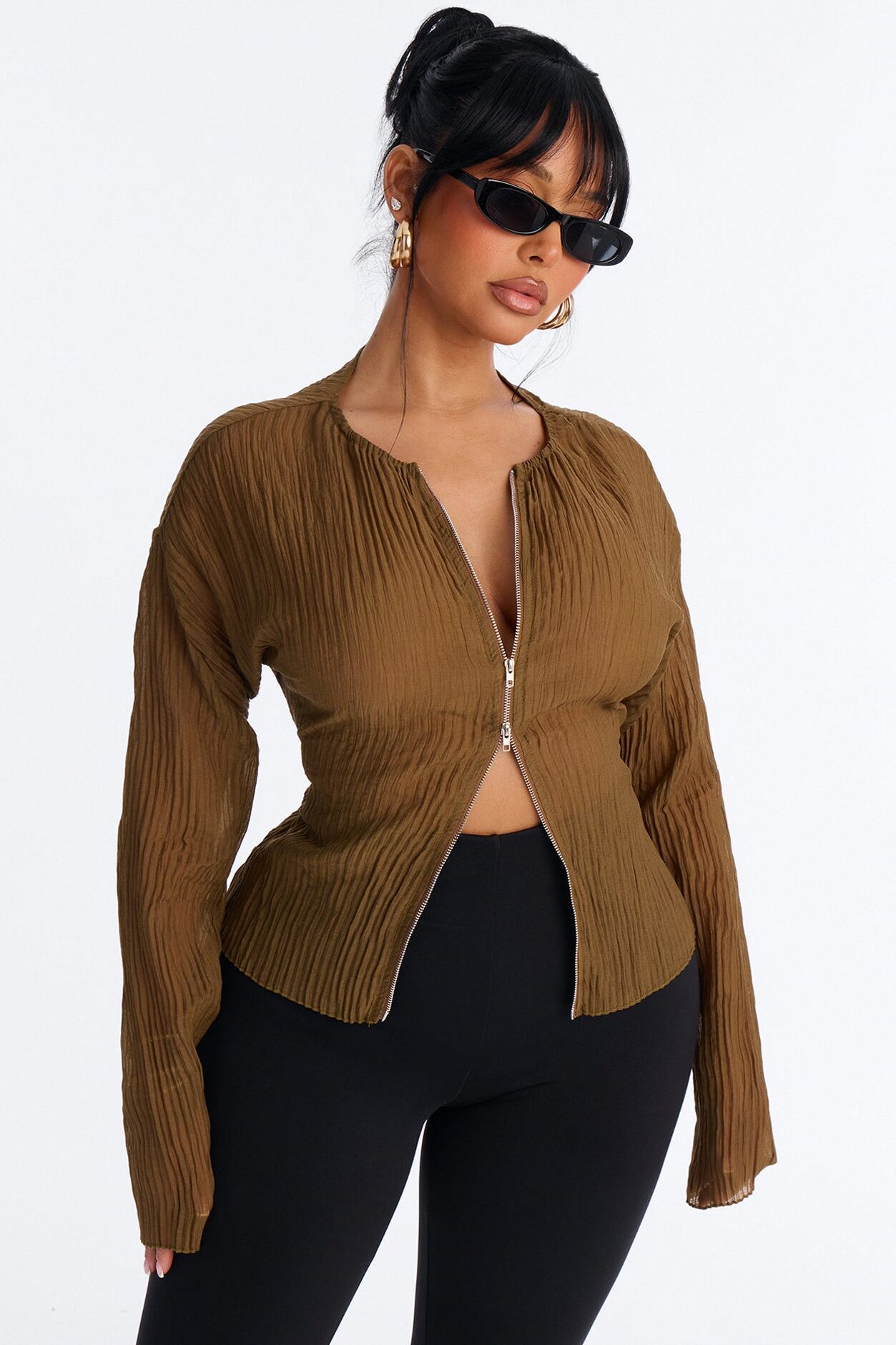 Kasey Front Zip Plisse Top - Olive
