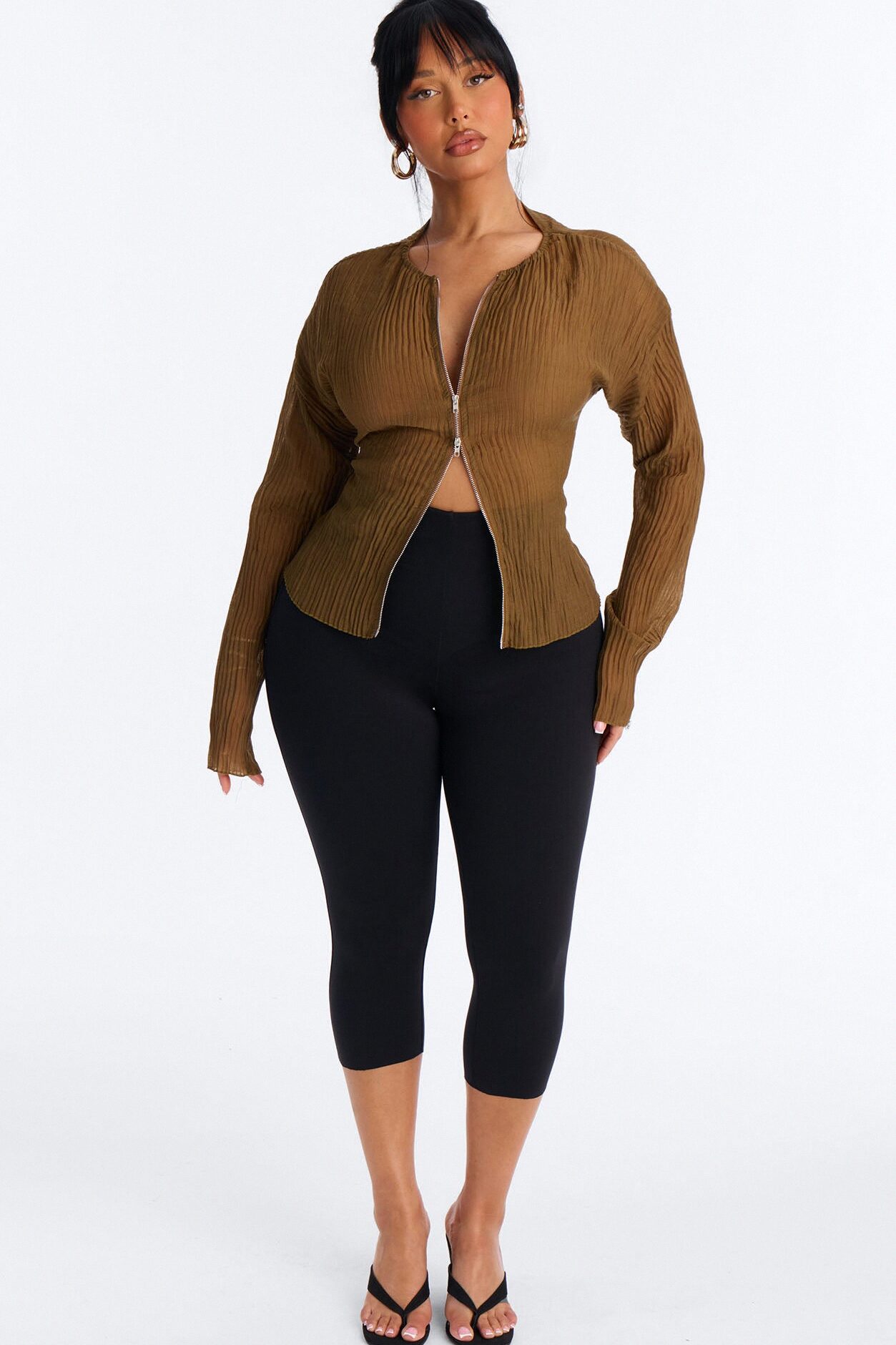 Kasey Front Zip Plisse Top - Olive