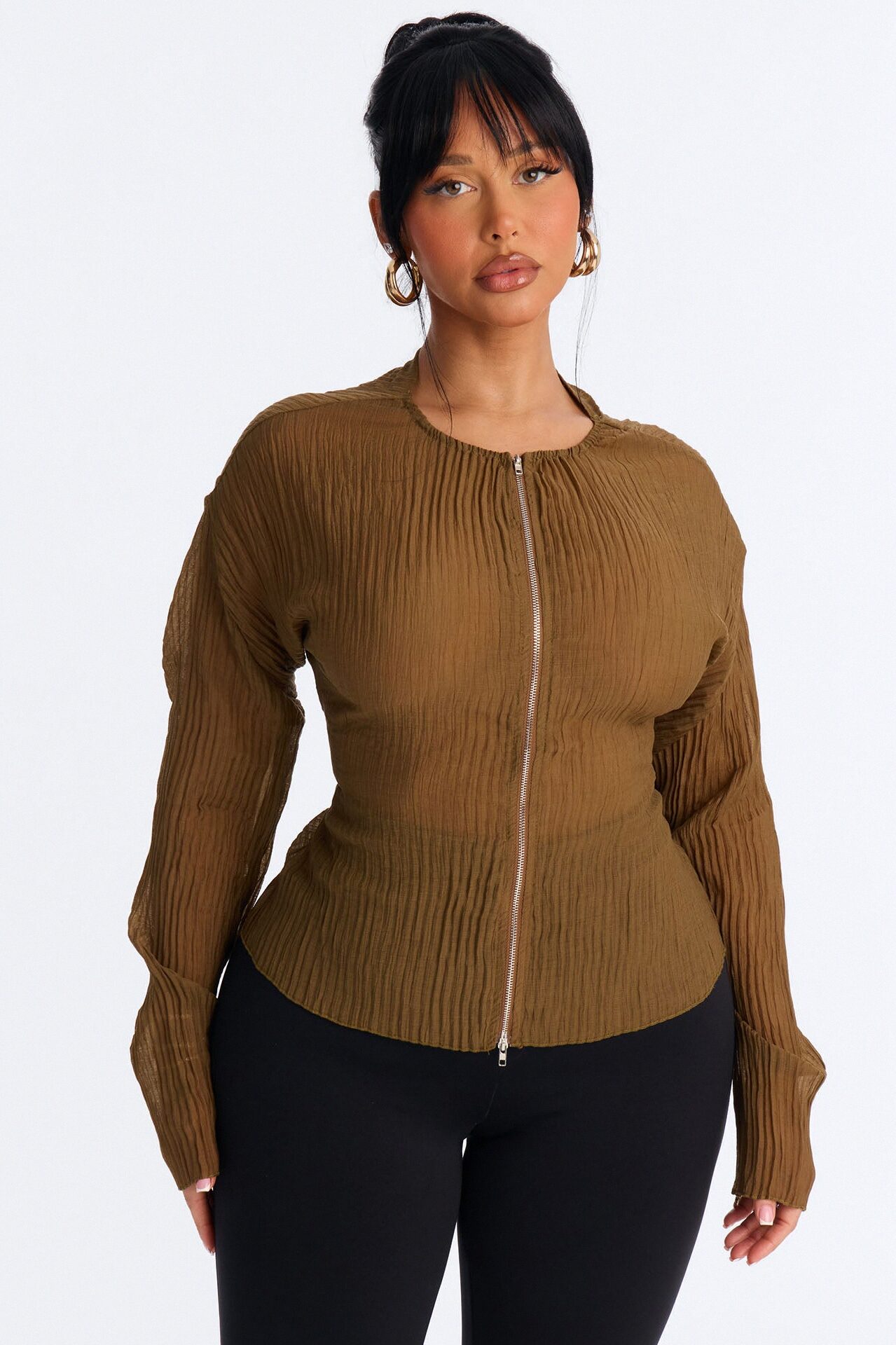 Kasey Front Zip Plisse Top - Olive