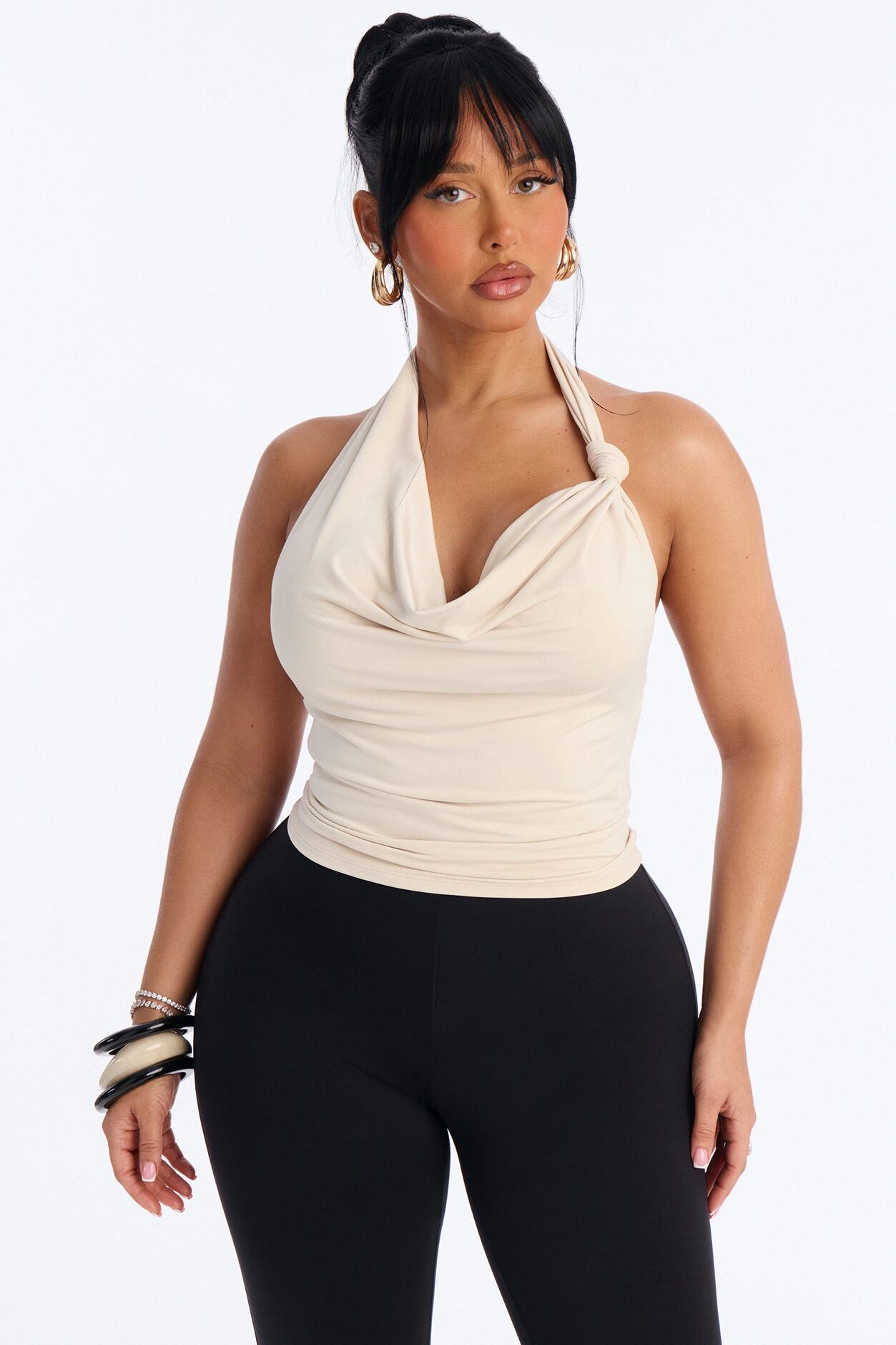 Golden Hour Cowl Neck Knot Halter Top - Cream