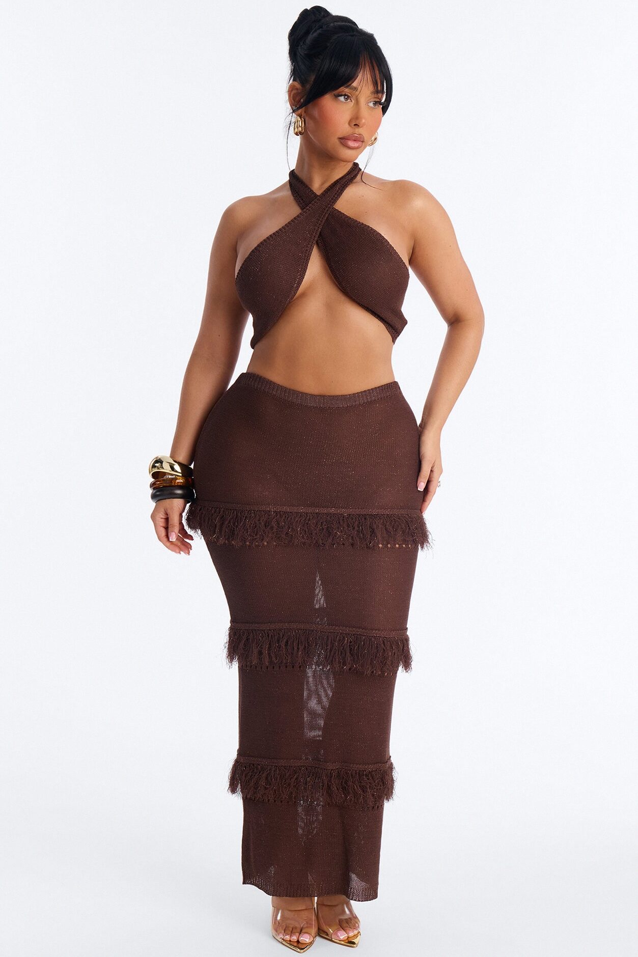 Lucia Fringed Crochet Skirt Set - Brown