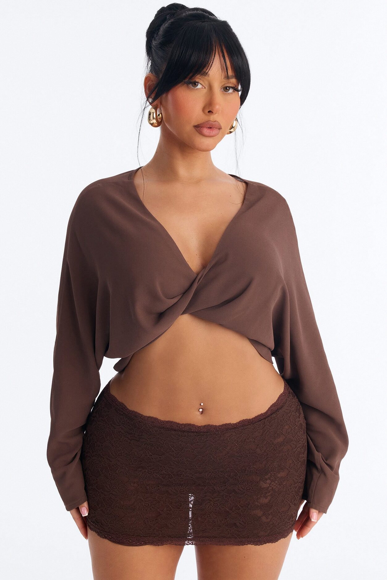 Collecting Cities Twisted Chiffon Blouse - Chocolate