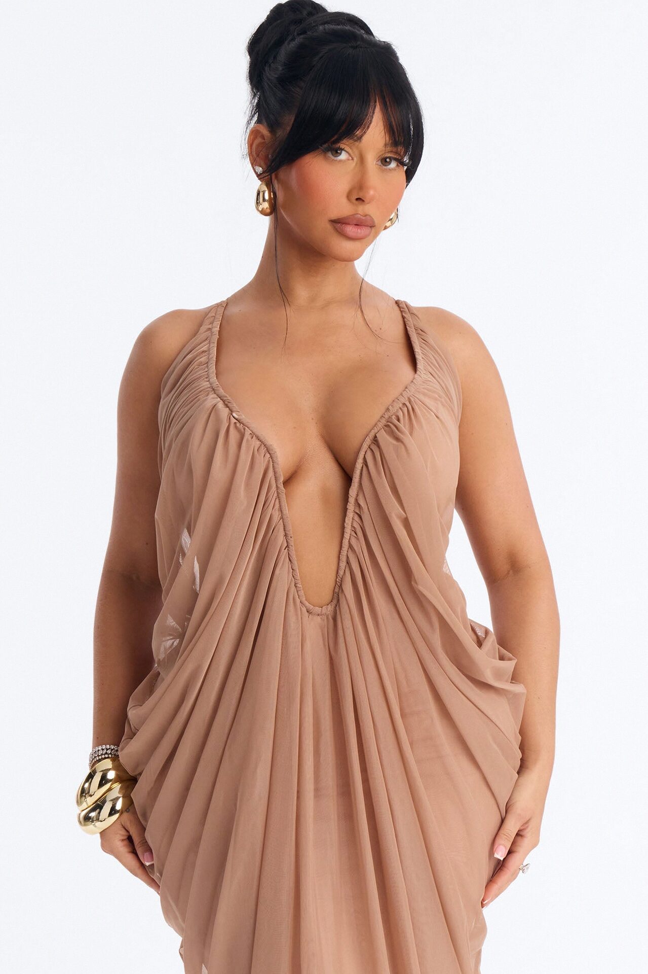 Hailey Draped Mesh Maxi Dress - Mocha