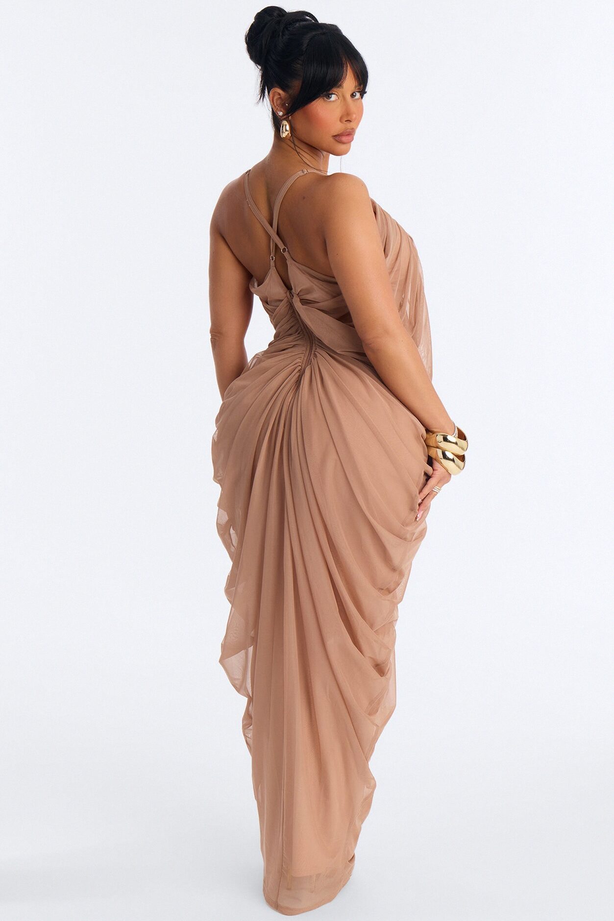 Hailey Draped Mesh Maxi Dress - Mocha