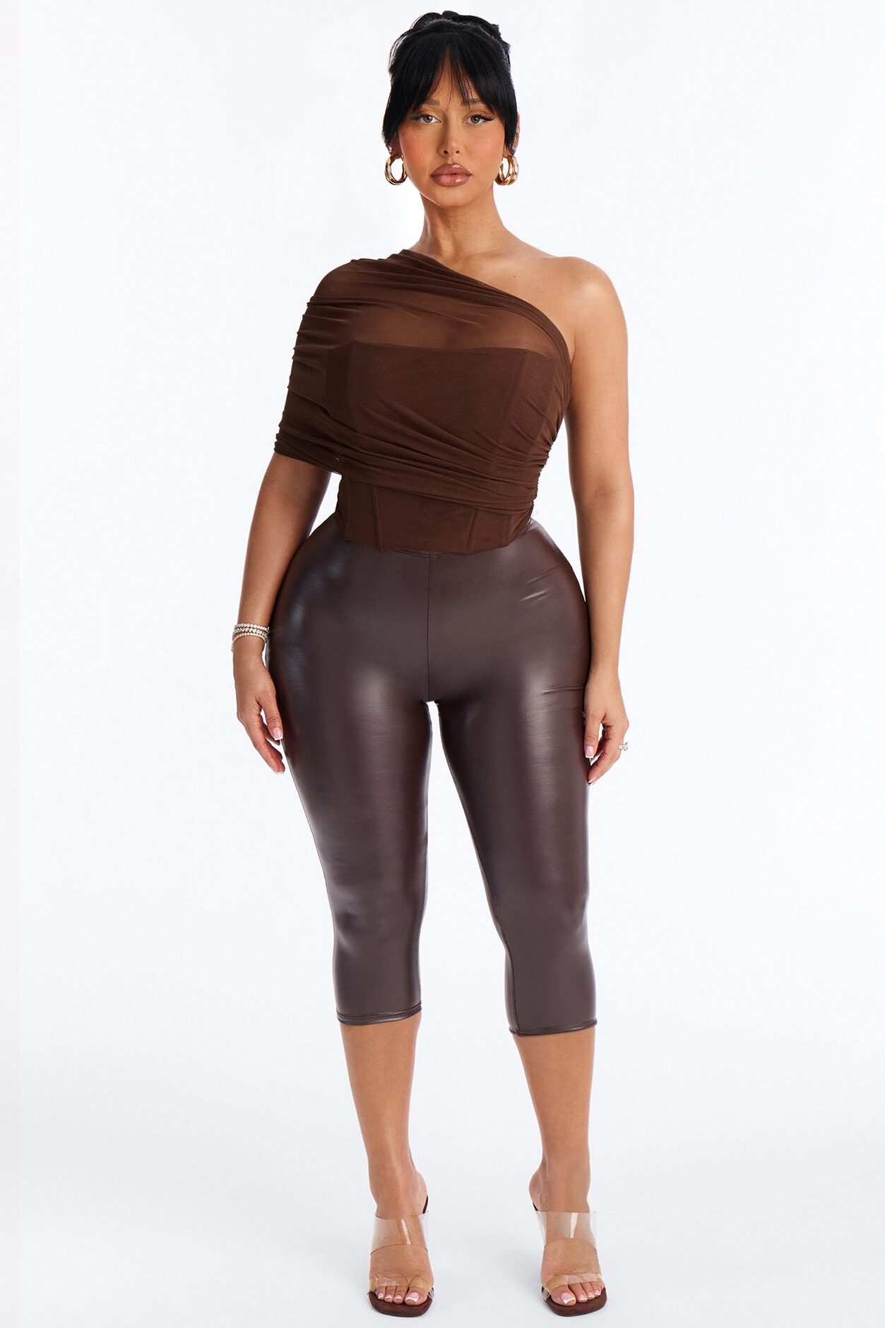 Melissa Ruched Mesh One Shoulder Double Layer Corset Top - Brown