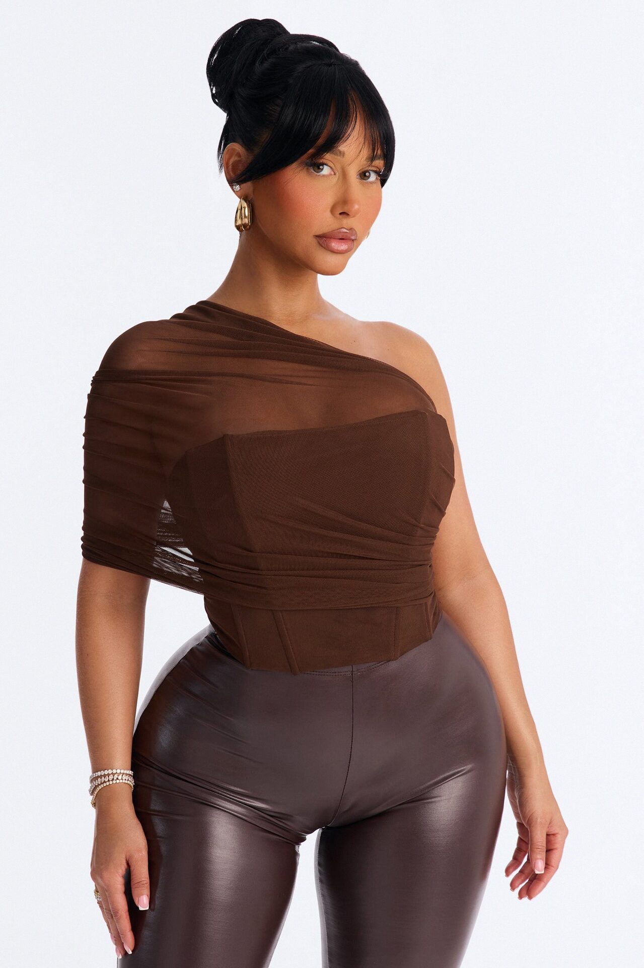 Melissa Ruched Mesh One Shoulder Double Layer Corset Top - Brown