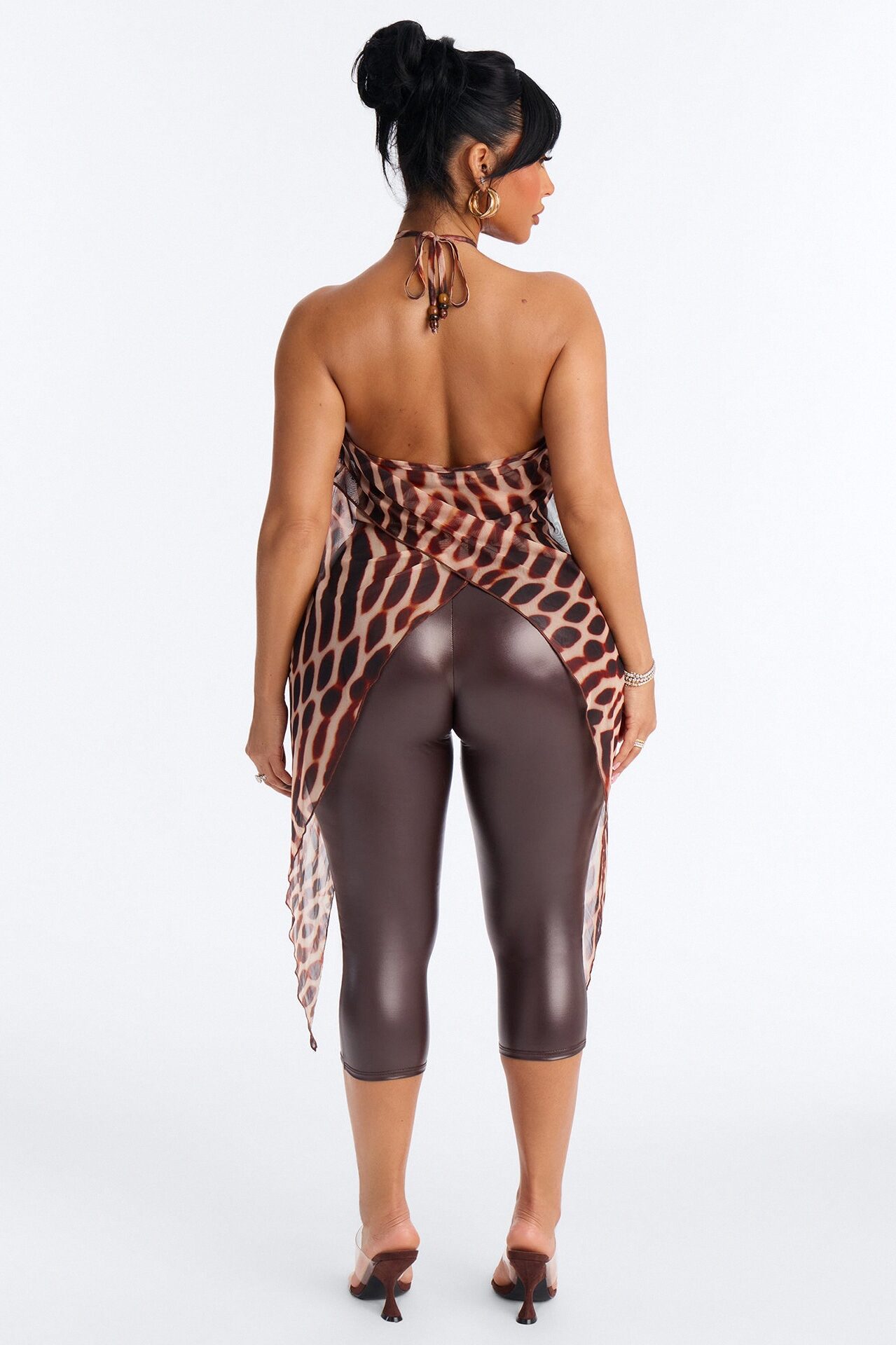 Gabriella Abstract Long Mesh Halter Top - Brown/combo