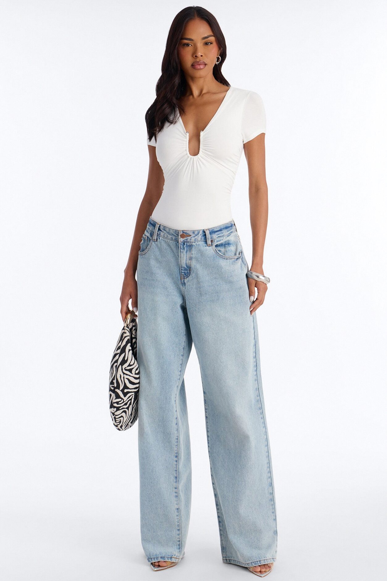 Danielle Deep V Neck Short Sleeve Bodysuit - White
