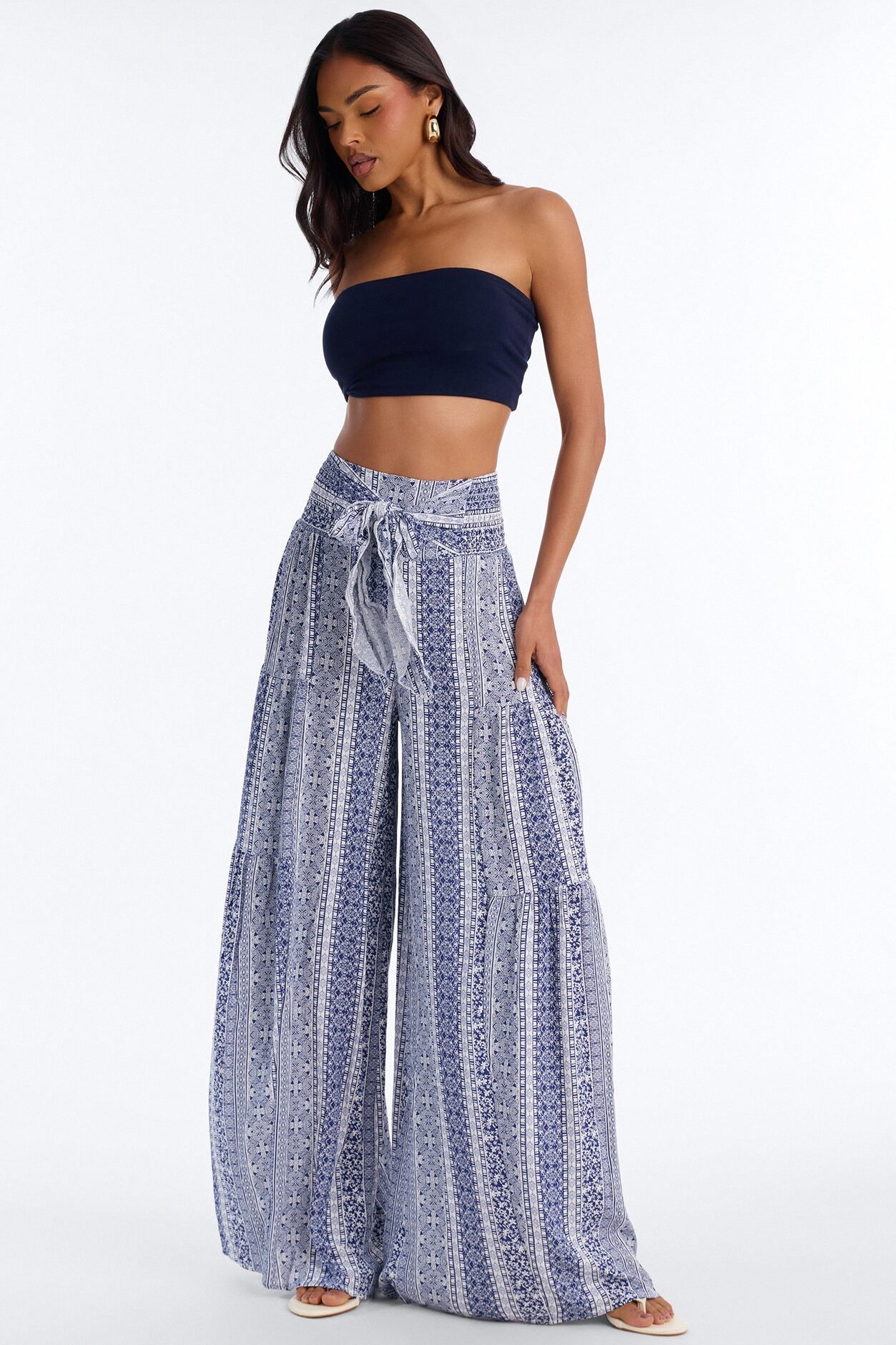 Adina Tie Waist High Rise Wide Leg Pant - Blue/combo