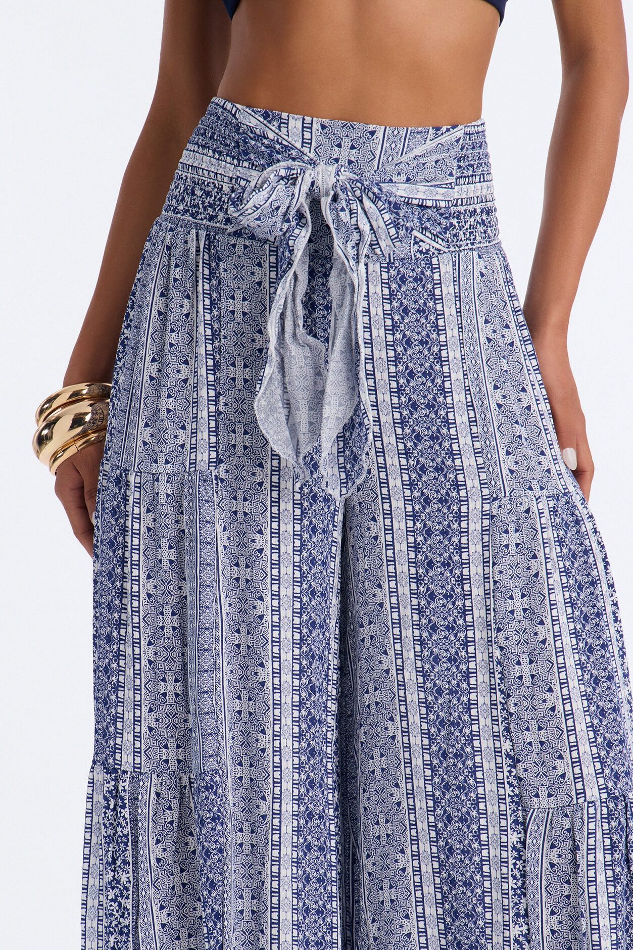 Adina Tie Waist High Rise Wide Leg Pant - Blue/combo