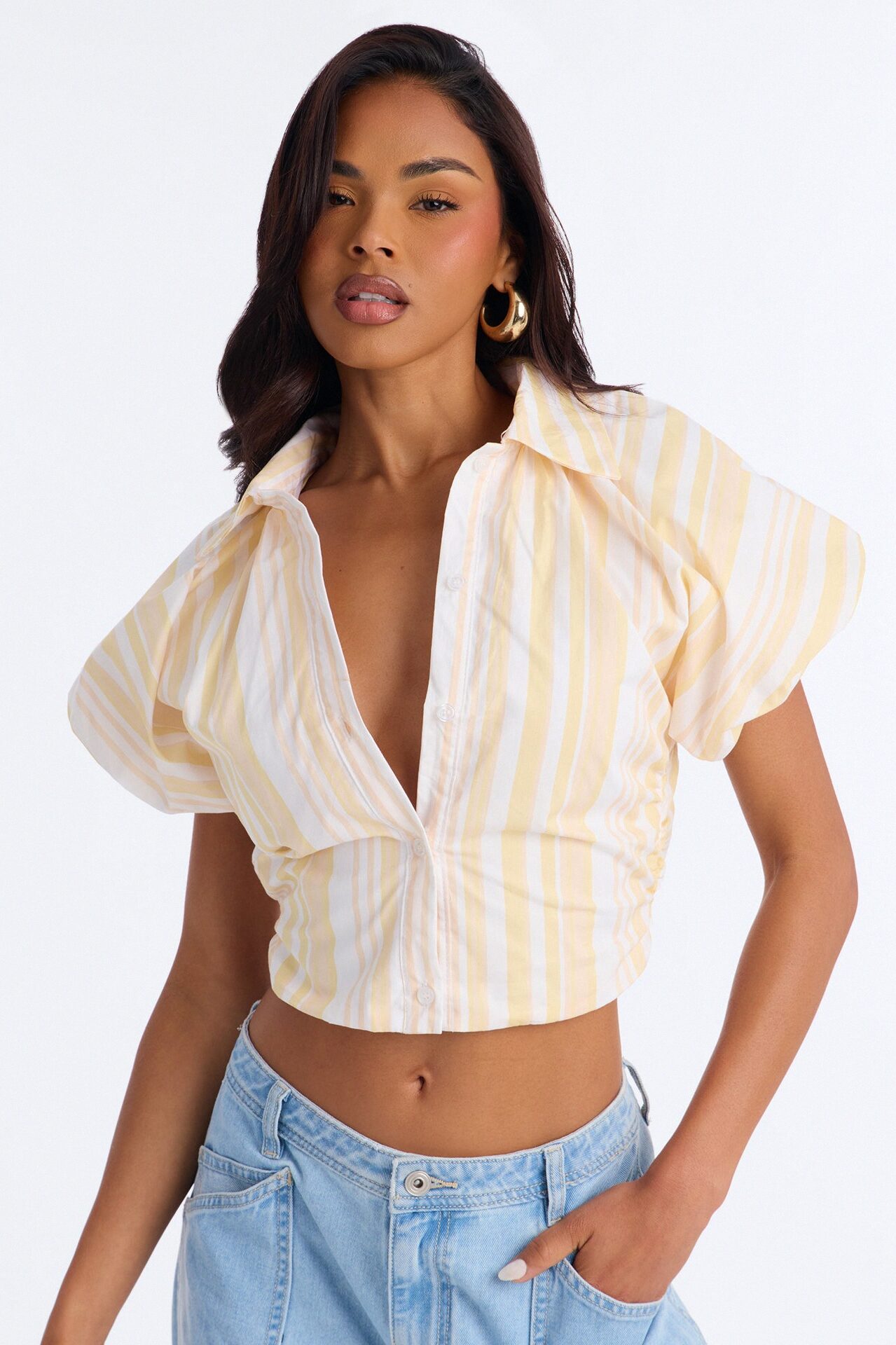 Caitlyn Striped Puff Sleeve Poplin Shirt - Yellow/combo