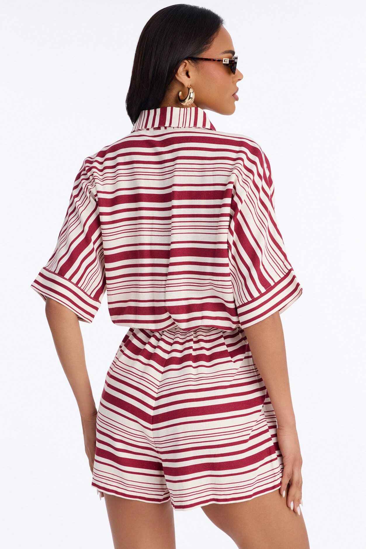 Stilia Striped Collar Linen Romper - Burgundy