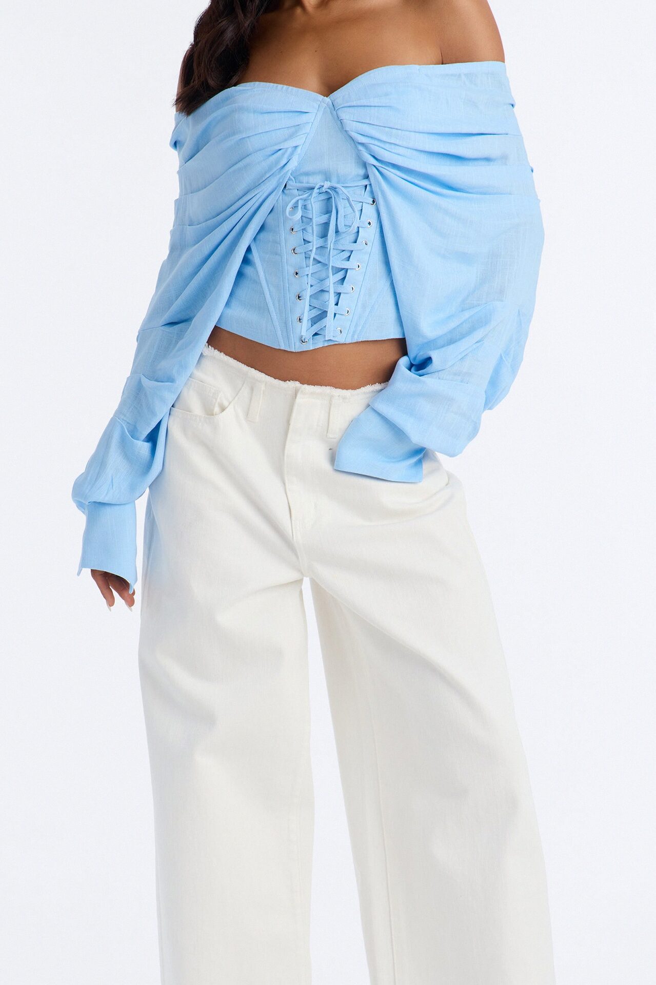 Her Era Off Shoulder Lace Up Linen Corset - Blue