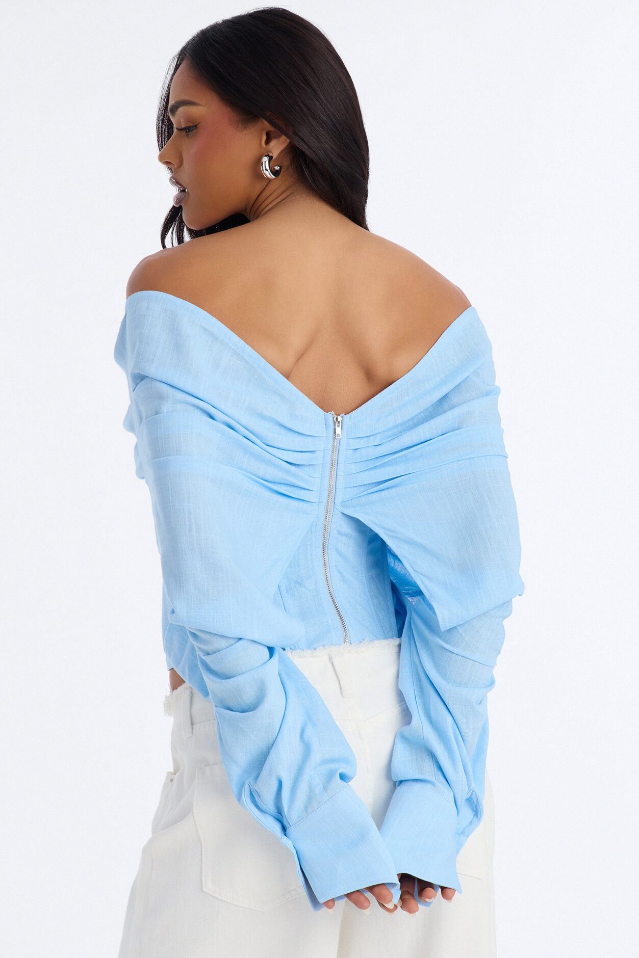 Her Era Off Shoulder Lace Up Linen Corset - Blue