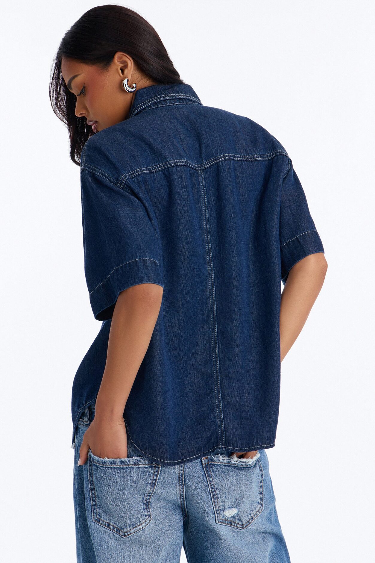 Elevated Casual Oversized Denim Shirt - Dark Wash