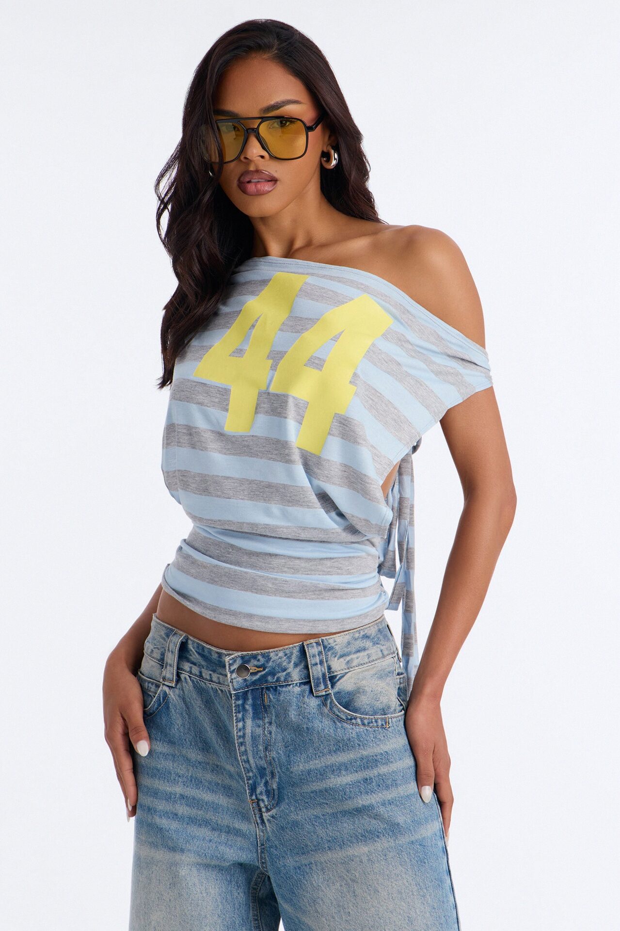 44 Stripe Off Shoulder Top - Blue/combo