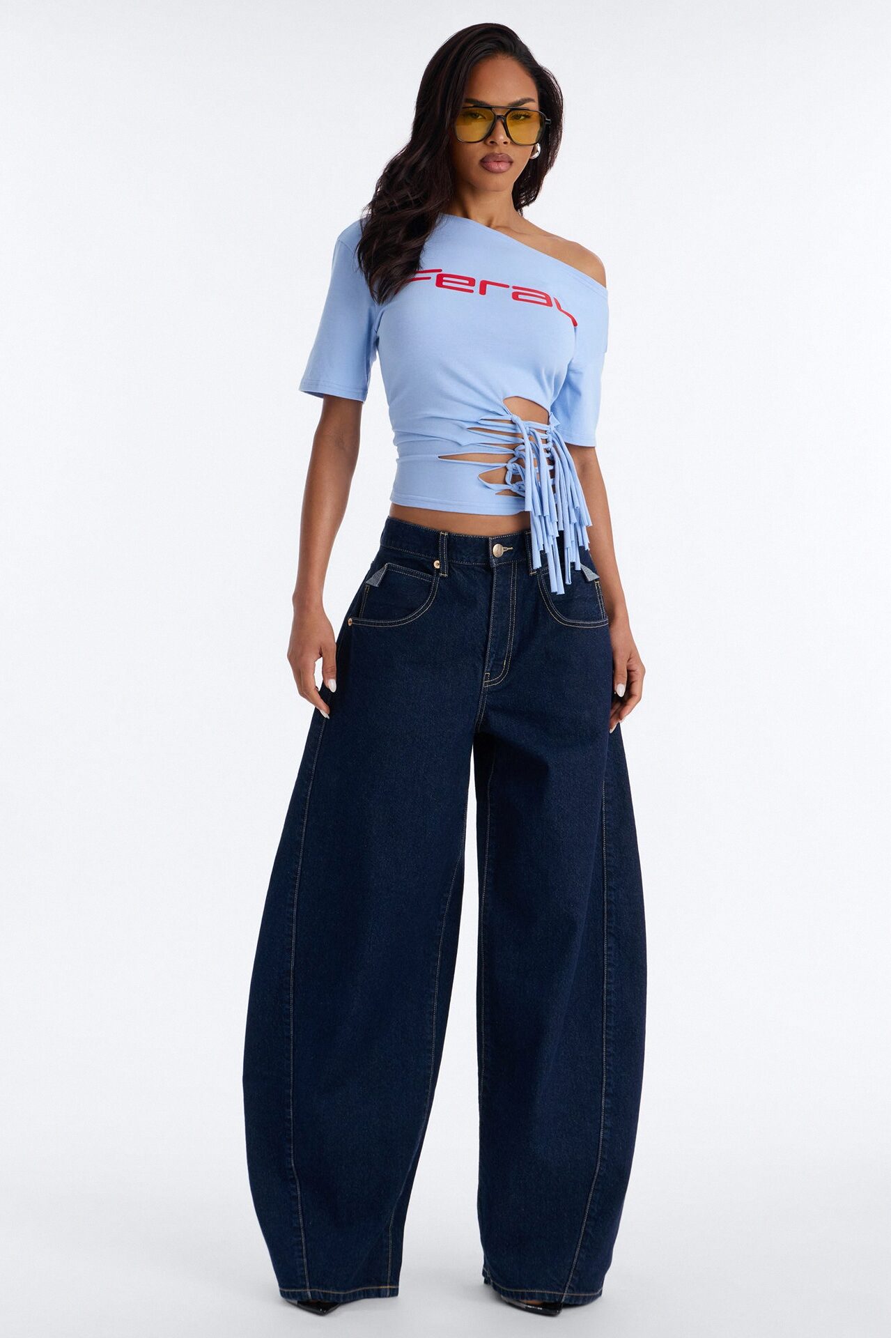 Girl Gone Feral Off Shoulder Tee - Light Blue