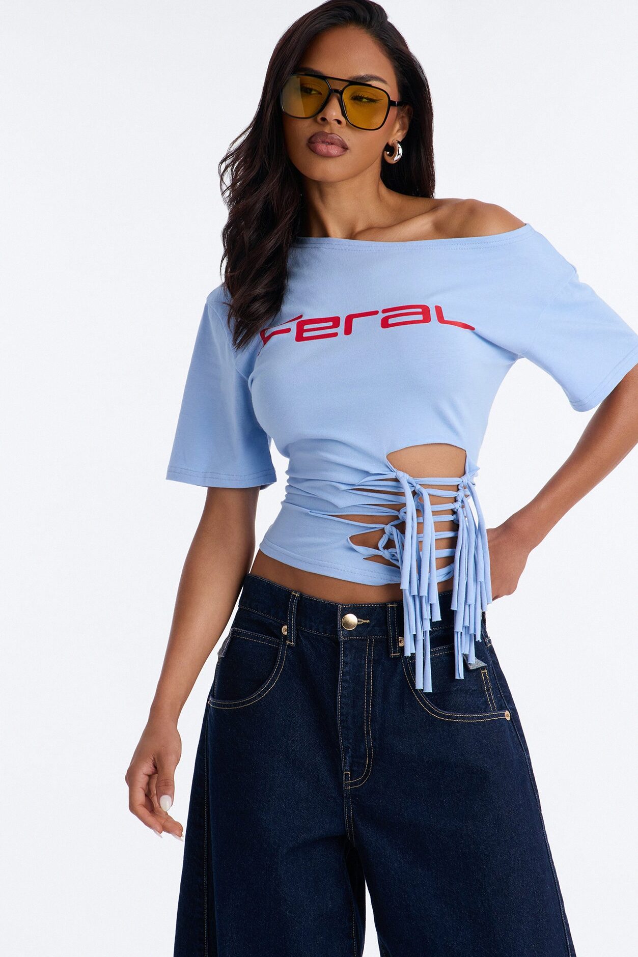 Girl Gone Feral Off Shoulder Tee - Light Blue