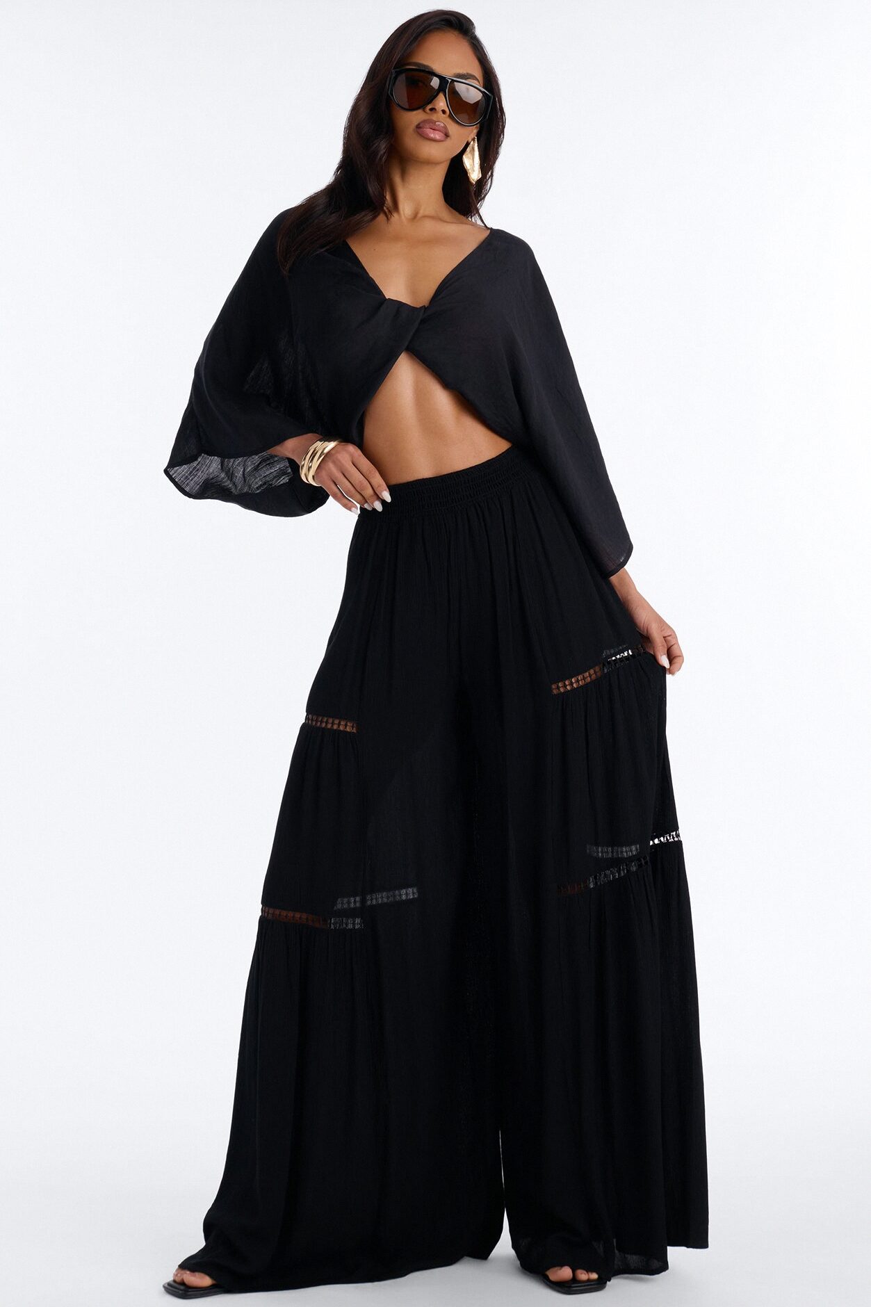 Daisy Ruched Wide Leg Pant - Black