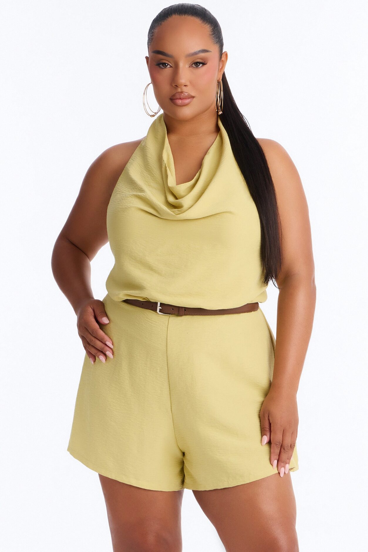 Talia Cowl Belted Micro Romper - Chartreuse