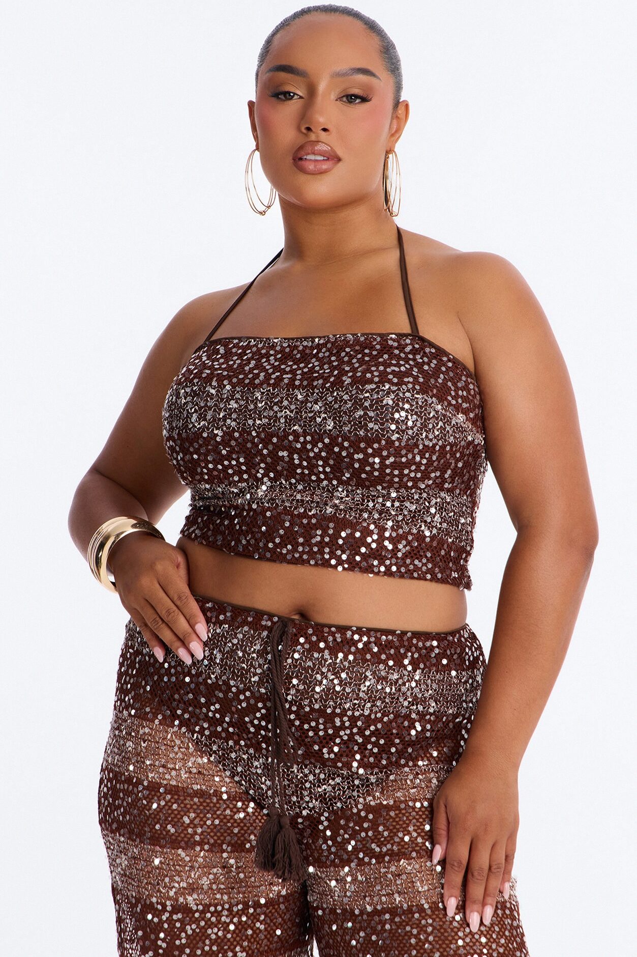 Coconut Shores Sequin Crochet Pant Set - Brown