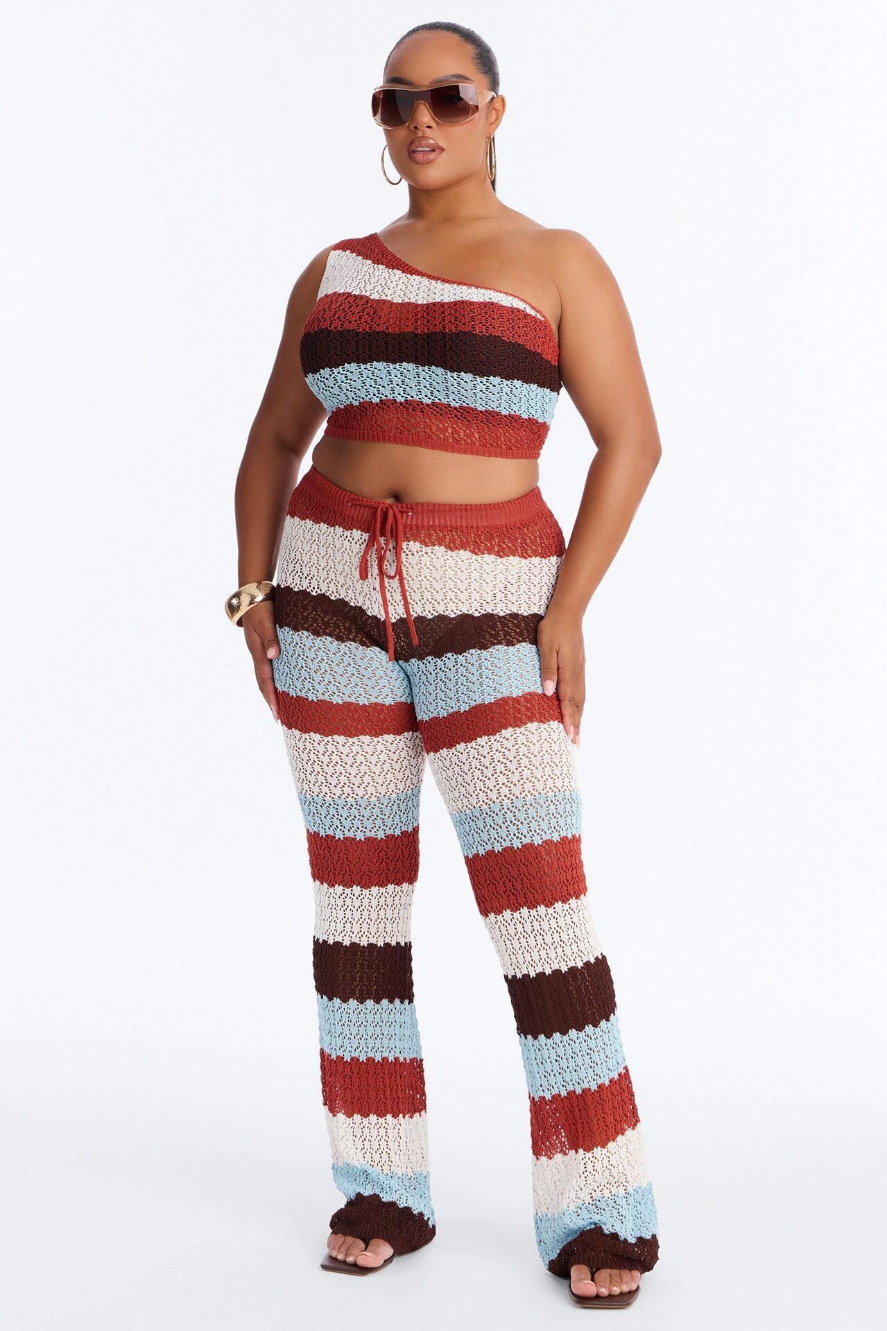 Cabo Striped One Shoulder Crochet Pant Set - White/combo