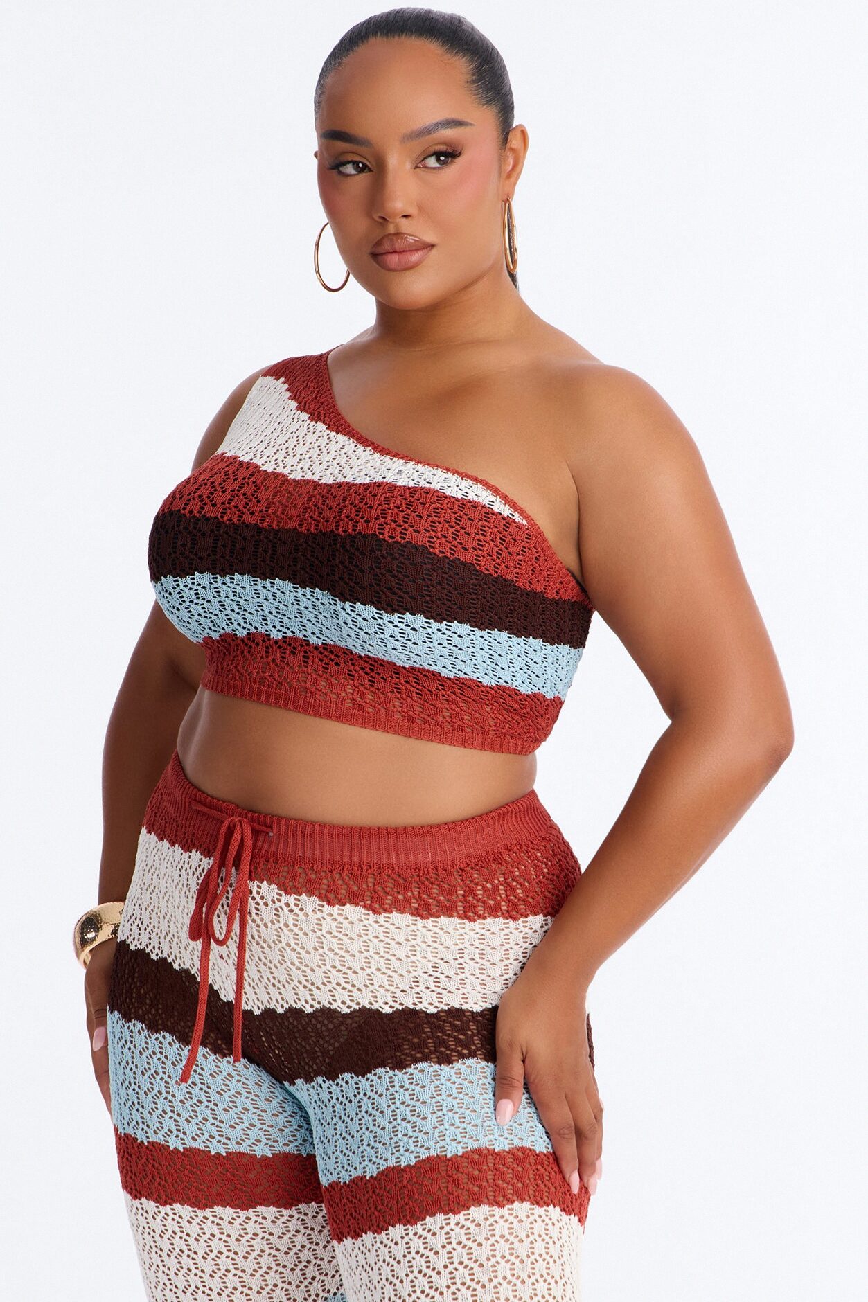 Cabo Striped One Shoulder Crochet Pant Set - White/combo