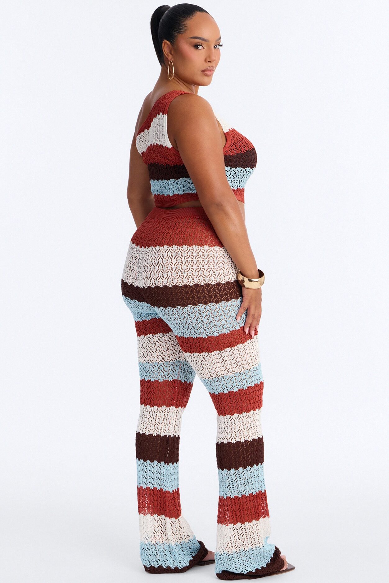 Cabo Striped One Shoulder Crochet Pant Set - White/combo
