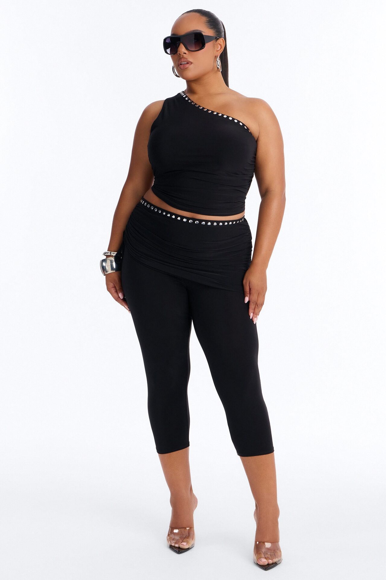 Jade One Shoulder Studded Capri Set - Black