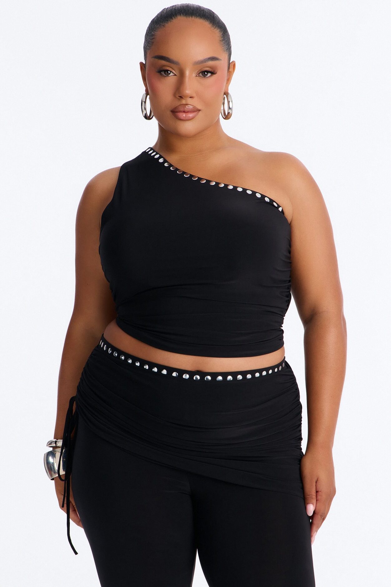 Jade One Shoulder Studded Capri Set - Black