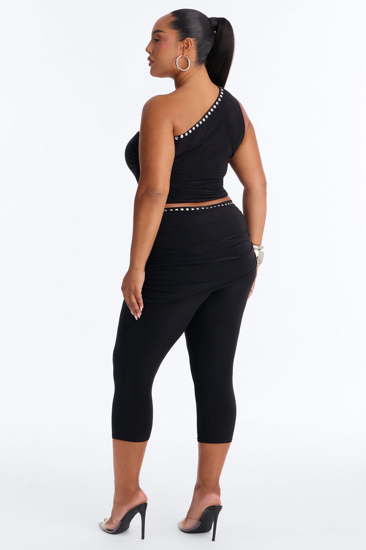 Jade One Shoulder Studded Capri Set - Black