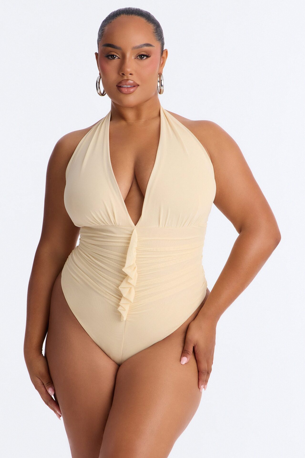 Sabrina Ruffle Mesh Halter Bodysuit - Butter Yellow